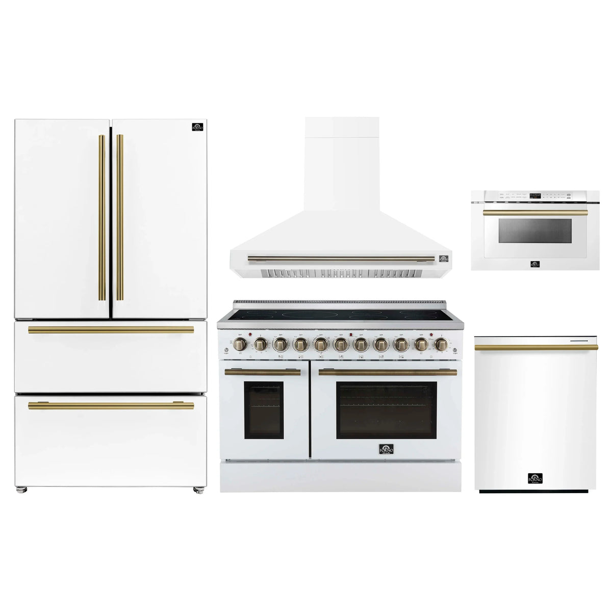 Forno 5-Piece Appliance Package - 48-Inch Electric Range, Wall Mount Range Hood, 36-Inch Refrigerator, Dishwasher, and 24-Inch Microwave Drawer in White with Antique Brass Trim