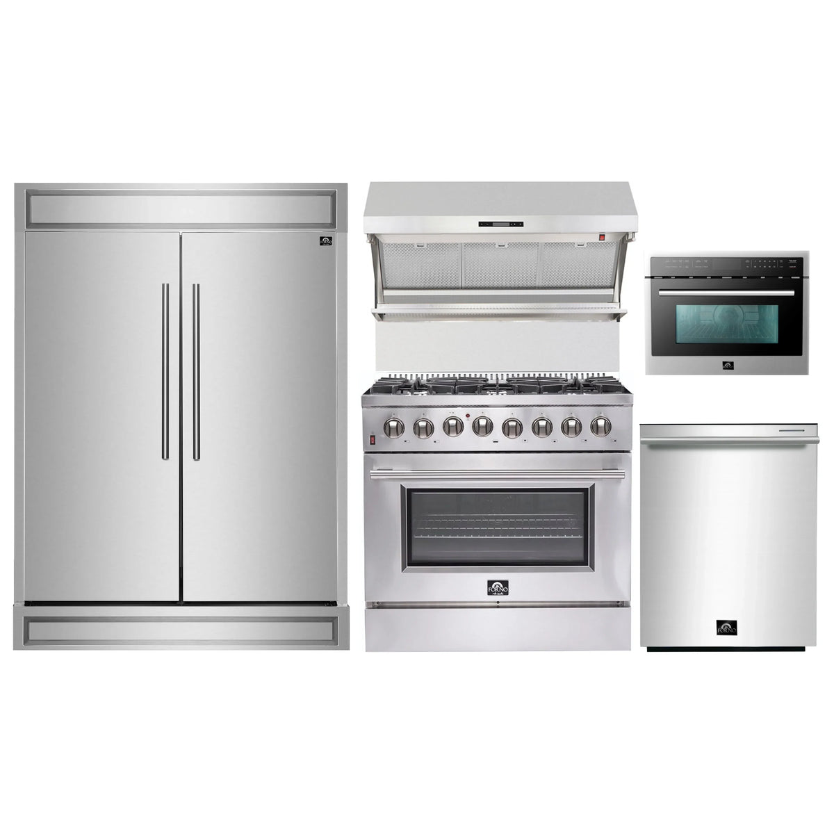 Forno 5-Piece Appliance Package - 36-Inch Dual Fuel Range, 60-Inch Pro-Style Refrigerator, Wall Mount Hood with Backsplash, 24-Inch Microwave Oven, & 3-Rack Dishwasher in Stainless Steel