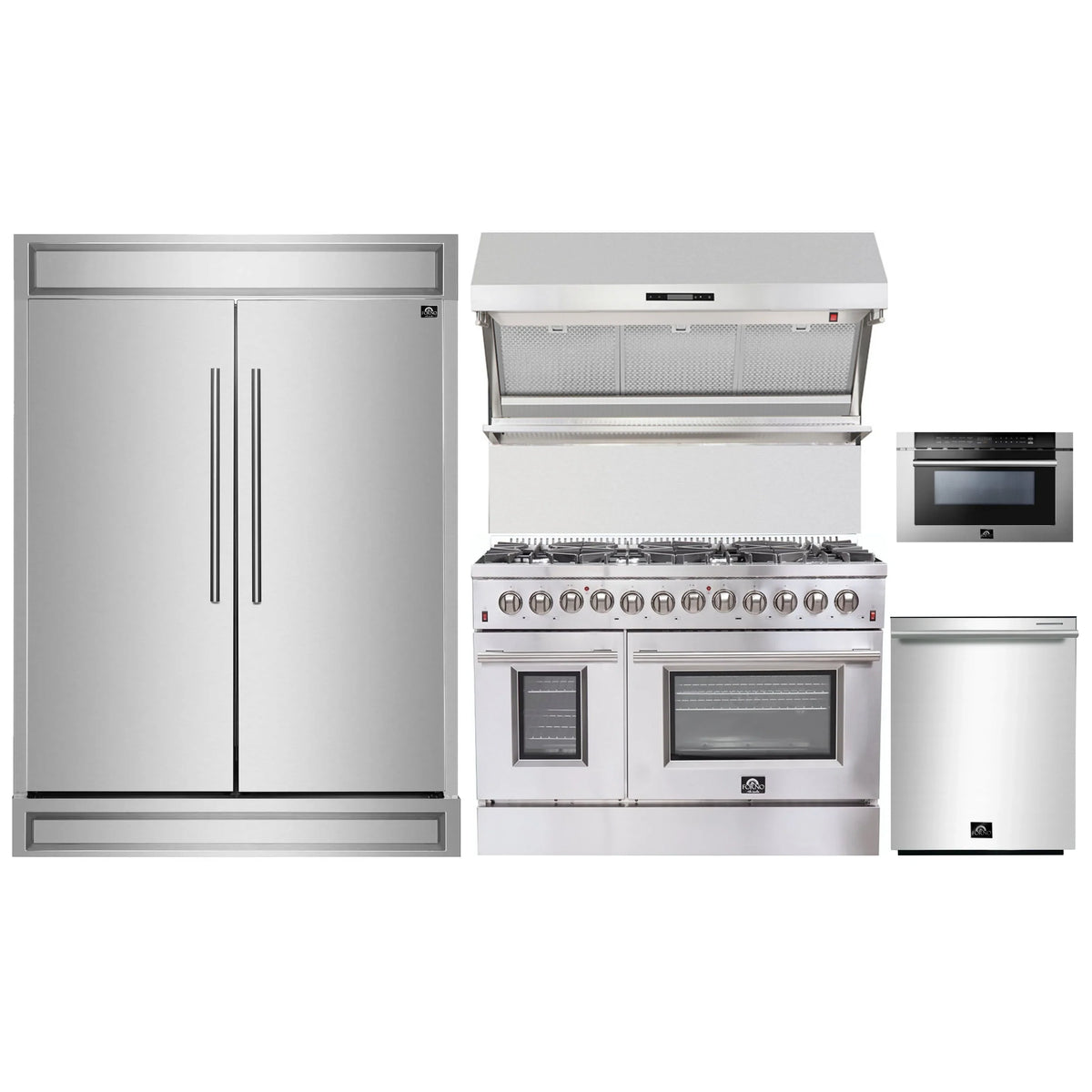 Forno 5-Piece Appliance Package - 48-Inch Dual Fuel Range, 60-Inch Pro-Style Refrigerator, Wall Mount Hood with Backsplash, 24-Inch Microwave Drawer, & 3-Rack Dishwasher in Stainless Steel