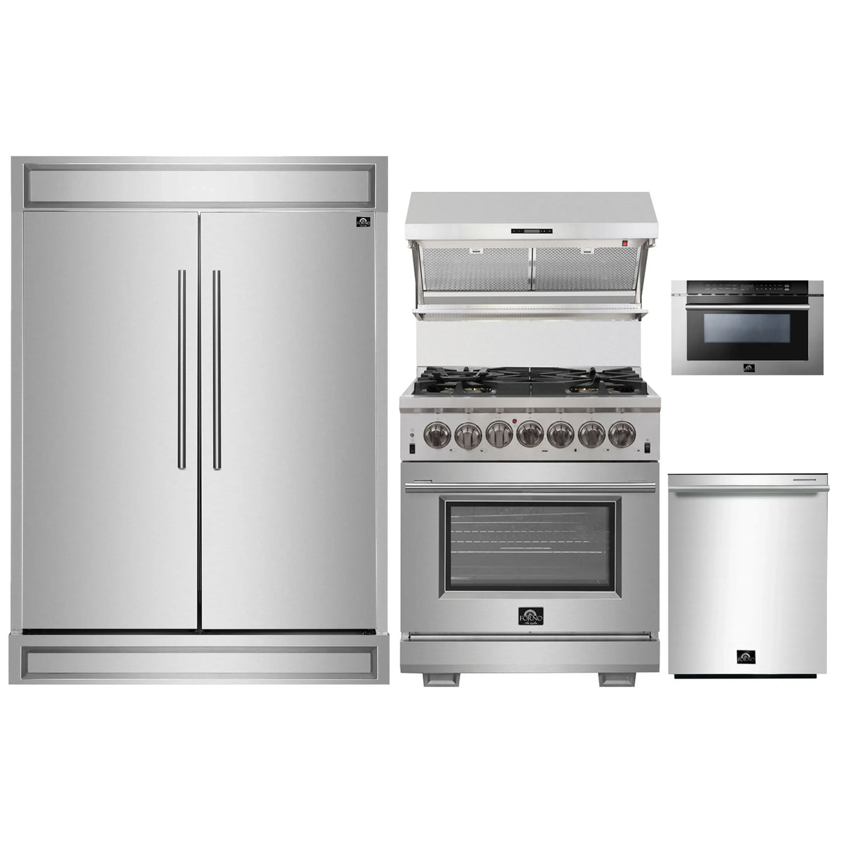 Forno 5-Piece Pro Appliance Package - 30-Inch Dual Fuel Range, 60-Inch Pro-Style Refrigerator, Wall Mount Hood with Backsplash, 24-Inch Microwave Drawer, & 3-Rack Dishwasher in Stainless Steel