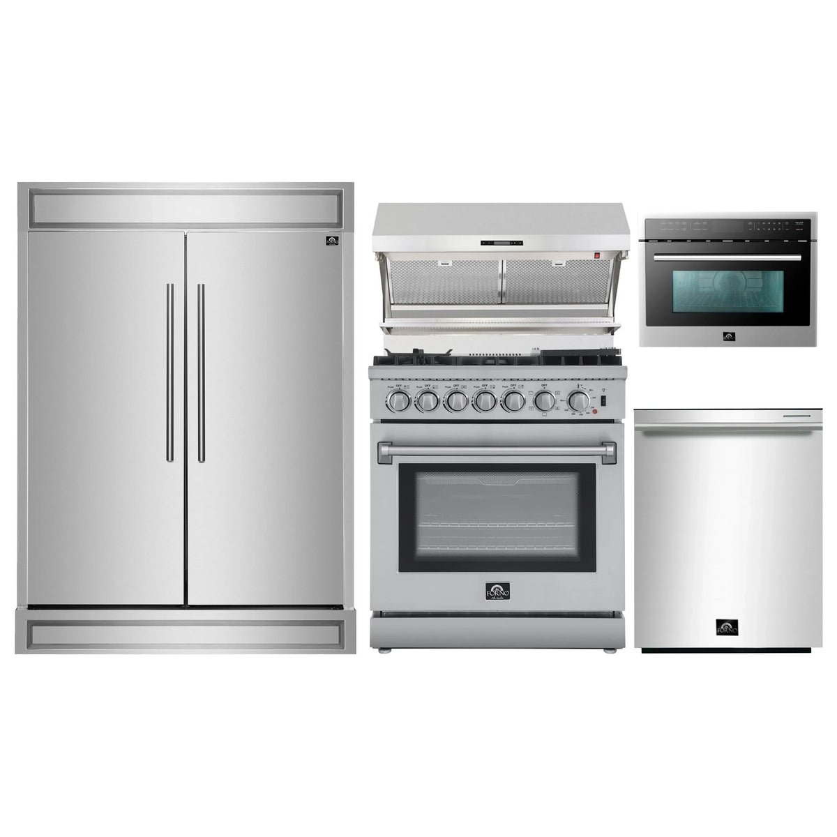 Forno 5-Piece Appliance Package - 30-Inch Dual Fuel Range with Air Fryer, 60-Inch Pro-Style Refrigerator, Wall Mount Hood with Backsplash, 24-Inch Microwave Oven, & 3-Rack Dishwasher in Stainless Steel