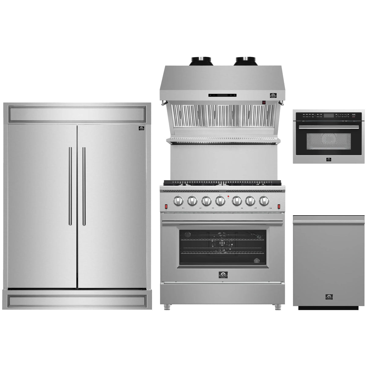 Forno 5-Piece Appliance Package - 36-Inch Gas Range, 60-Inch Pro-Style Refrigerator, Wall Mount Hood with Backsplash, 24-Inch Microwave Oven, & 3-Rack Dishwasher in Stainless Steel