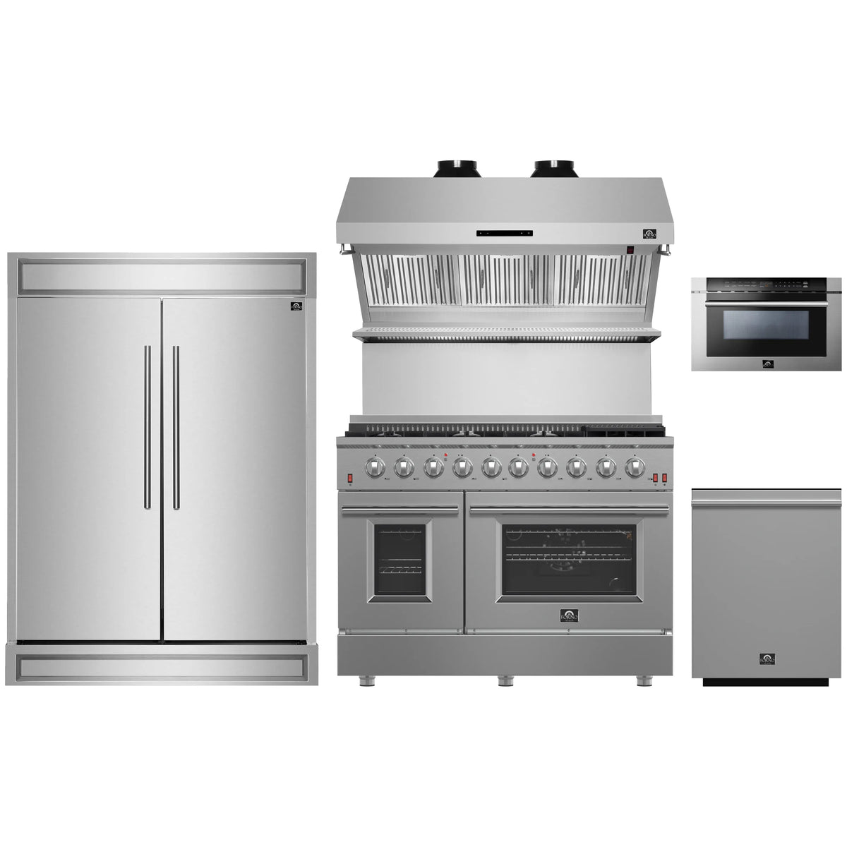 Forno 5-Piece Appliance Package - 48-Inch Gas Range, 60-Inch Pro-Style Refrigerator, Wall Mount Hood with Backsplash, 24-Inch Microwave Drawer, & 3-Rack Dishwasher in Stainless Steel