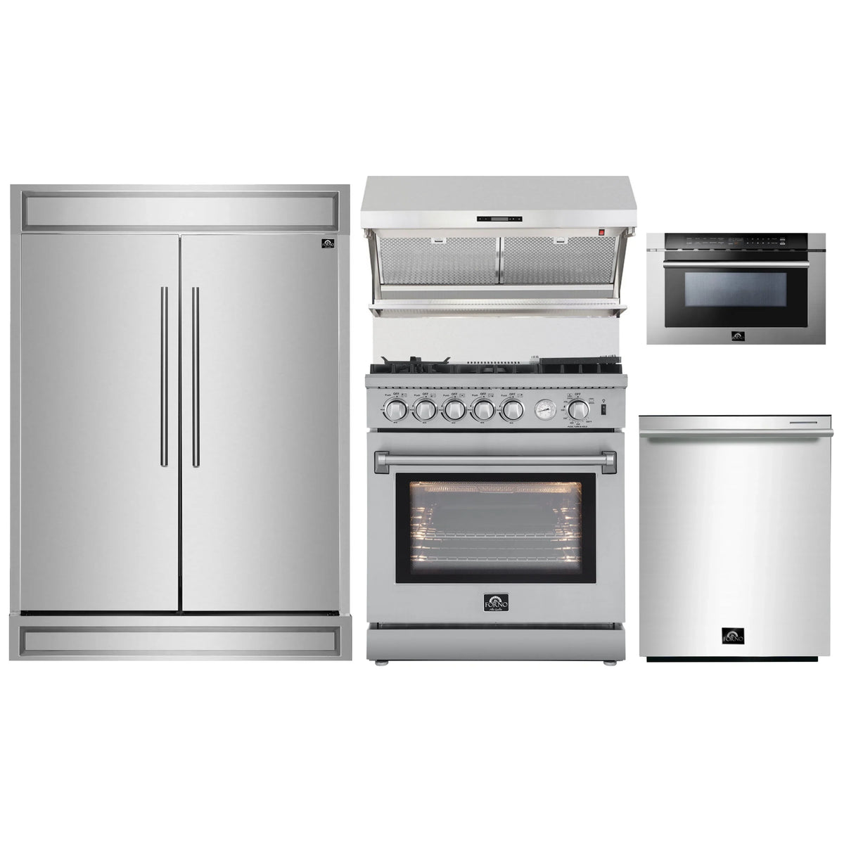 Forno 5-Piece Appliance Package - 30-Inch Gas Range with Air Fryer, 60-Inch Pro-Style Refrigerator, Wall Mount Hood with Backsplash, 24-Inch Microwave Drawer, & 3-Rack Dishwasher in Stainless Steel