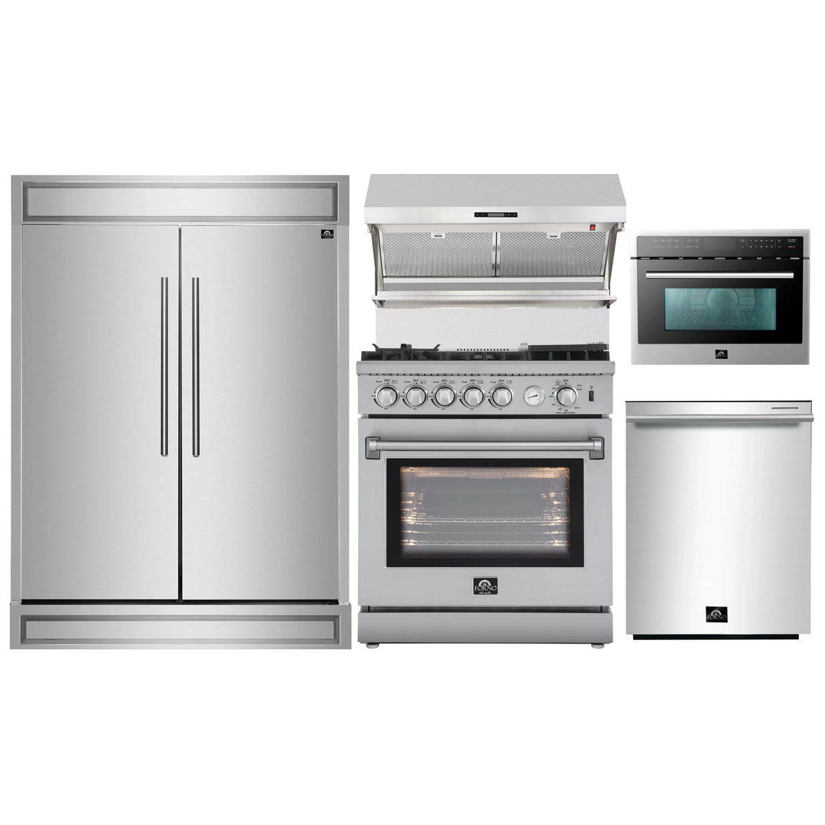 Forno 5-Piece Appliance Package - 30-Inch Gas Range with Air Fryer, 60-Inch Pro-Style Refrigerator, Wall Mount Hood with Backsplash, 24-Inch Microwave Oven, & 3-Rack Dishwasher in Stainless Steel