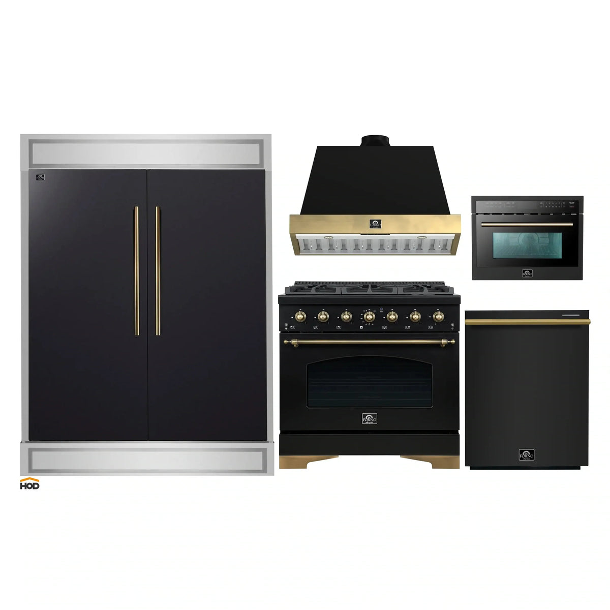 Forno 5-Piece Appliance Package - 36-Inch Dual Fuel Range, Wall Mount Range Hood, 60-Inch Convertible Refrigerator with Modern Trim, Dishwasher, and 24-Inch Microwave Oven in Black with Antique Brass Trim
