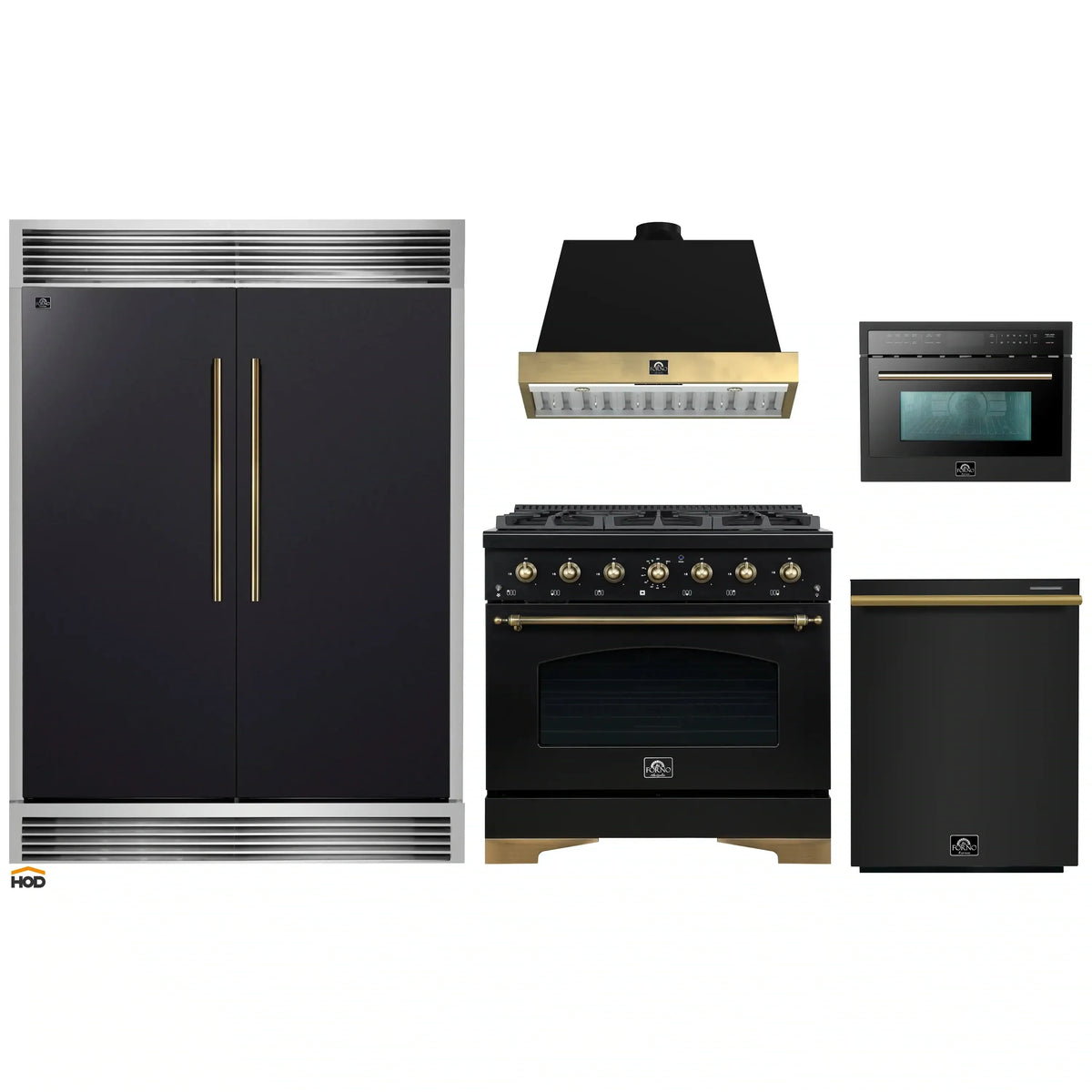 Forno 5-Piece Appliance Package - 36-Inch Dual Fuel Range, Wall Mount Range Hood, 60-Inch Convertible Refrigerator with Modern Grille Trim, Dishwasher, and 24-Inch Microwave Oven in Black with Antique Brass Trim