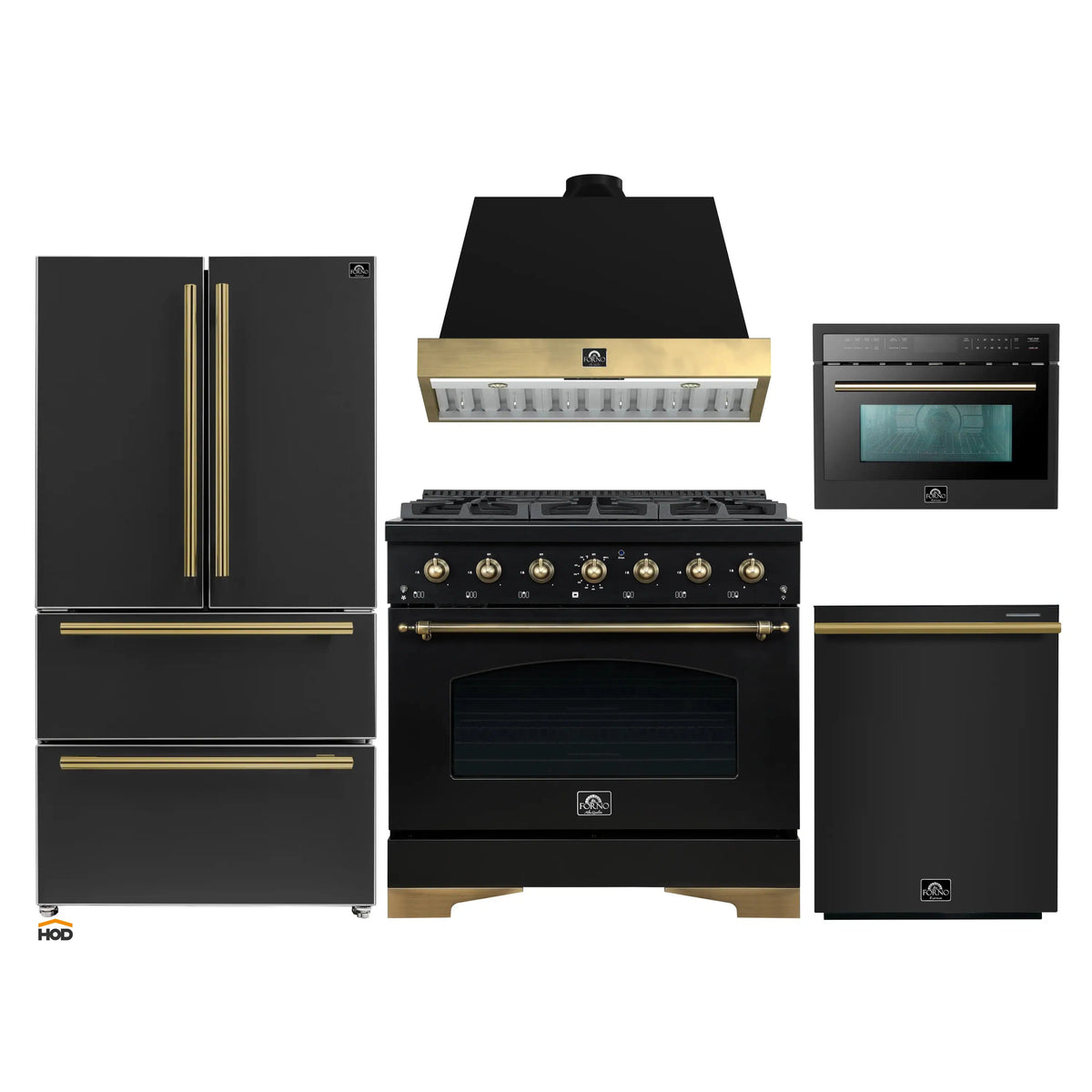 Forno Antico 5-Piece Appliance Package - 36-Inch Dual Fuel Range, 36-Inch Hood, 36-Inch Refrigerator, 24-Inch Dishwasher, & 24-Inch Microwave Oven in Black with Antique Brass Trim