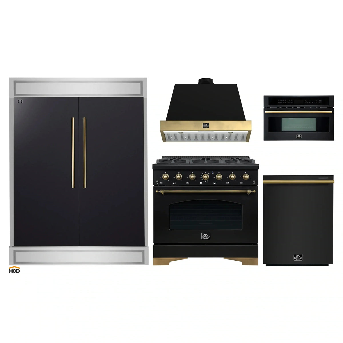Forno 5-Piece Appliance Package - 36-Inch Dual Fuel Range, Wall Mount Range Hood, 60-Inch Convertible Refrigerator with Modern Trim, Dishwasher, and 30-Inch Microwave Oven in Black with Antique Brass Trim