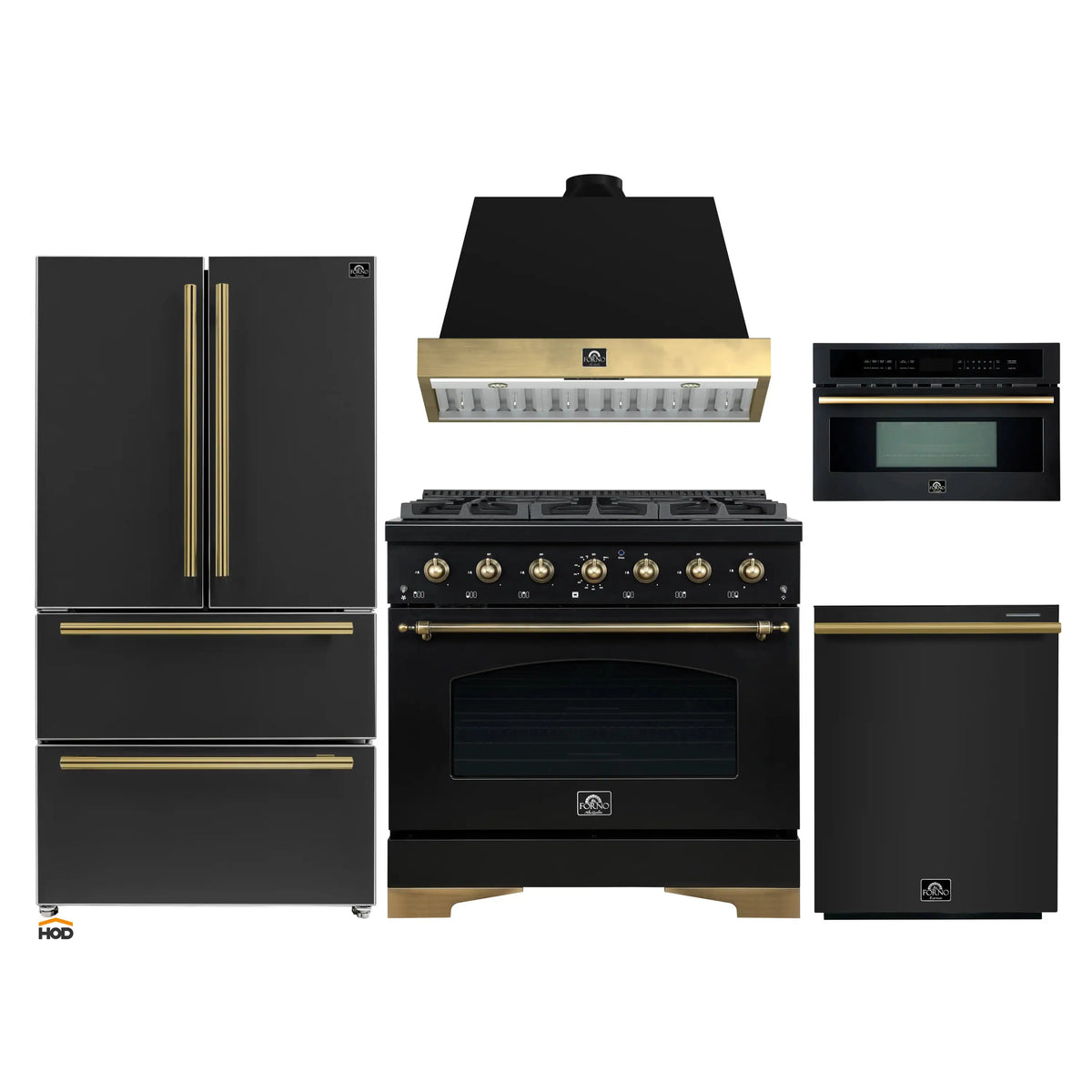 Forno Antico 5-Piece Appliance Package - 36-Inch Dual Fuel Range, 36-Inch Hood, 36-Inch Refrigerator, 24-Inch Dishwasher, & 30-Inch Microwave Oven in Black with Antique Brass Trim