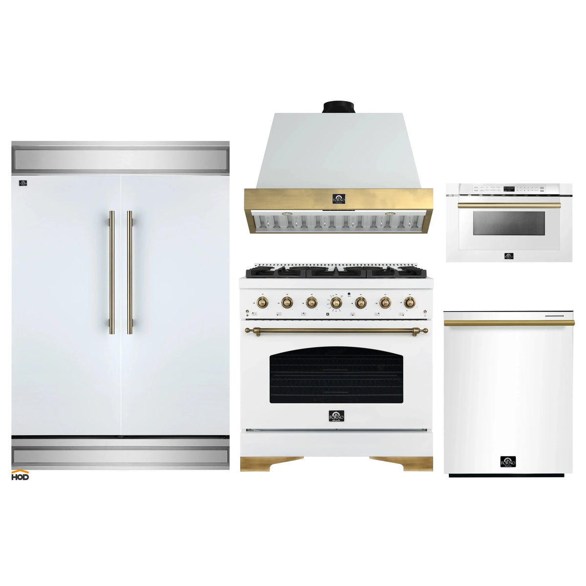 Forno 5-Piece Appliance Package - 36-Inch Dual Fuel Range, Wall Mount Range Hood, 60-Inch Refrigerator, Dishwasher, & 24-Inch Microwave Drawer in White with Antique Brass Trim