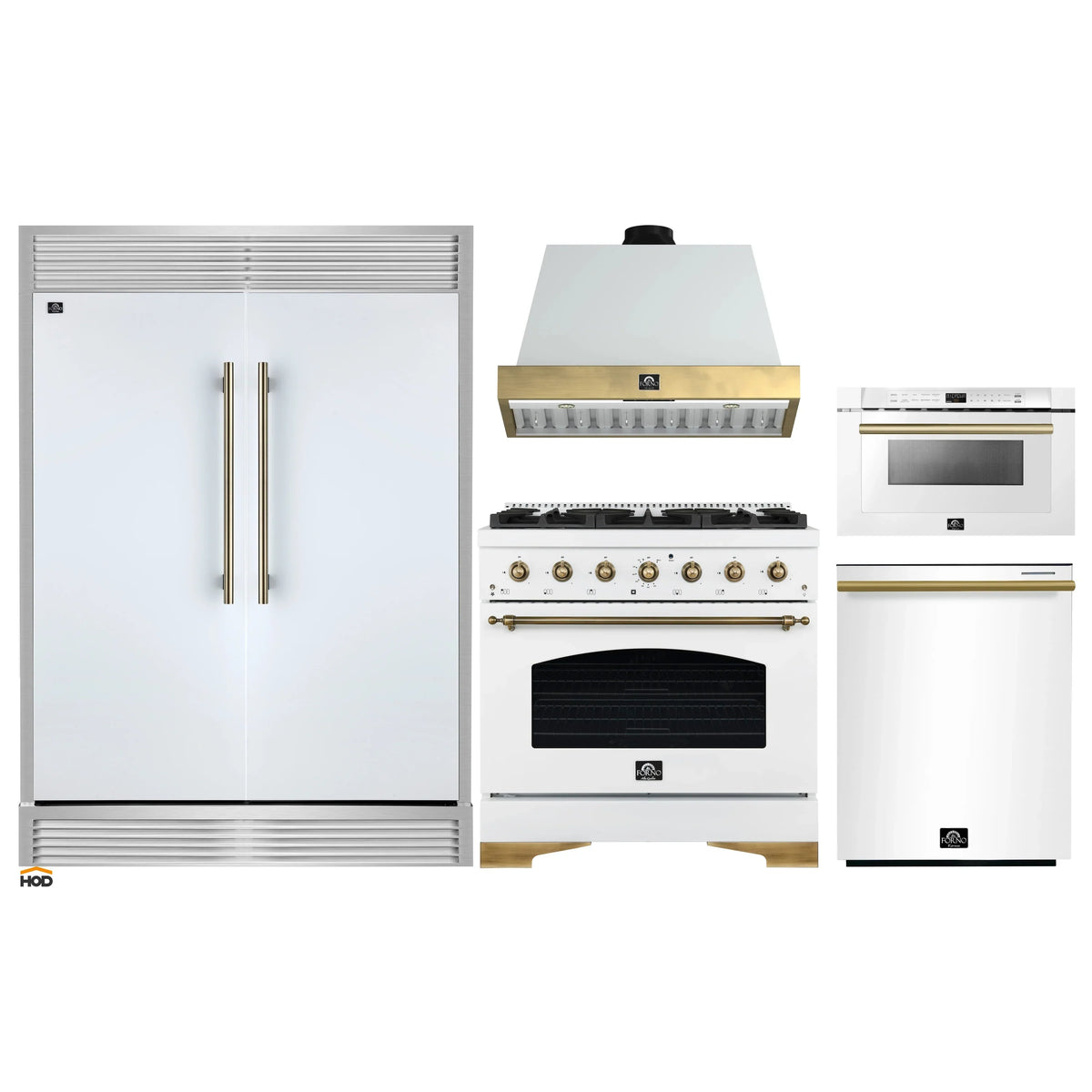 Forno 5-Piece Appliance Package - 36-Inch Antico Dual Fuel Range, Wall Mount Range Hood, 60-Inch Refrigerator, Dishwasher, & 24-Inch Microwave Drawer in White with Antique Brass Trim