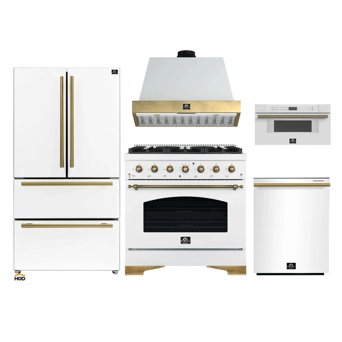Forno Antico 5-Piece Appliance Package - 36-Inch Dual Fuel Range, 36-Inch Hood, 36-Inch Refrigerator, 24-Inch Dishwasher, & 30-Inch Microwave Drawer in White with Antique Brass Trim