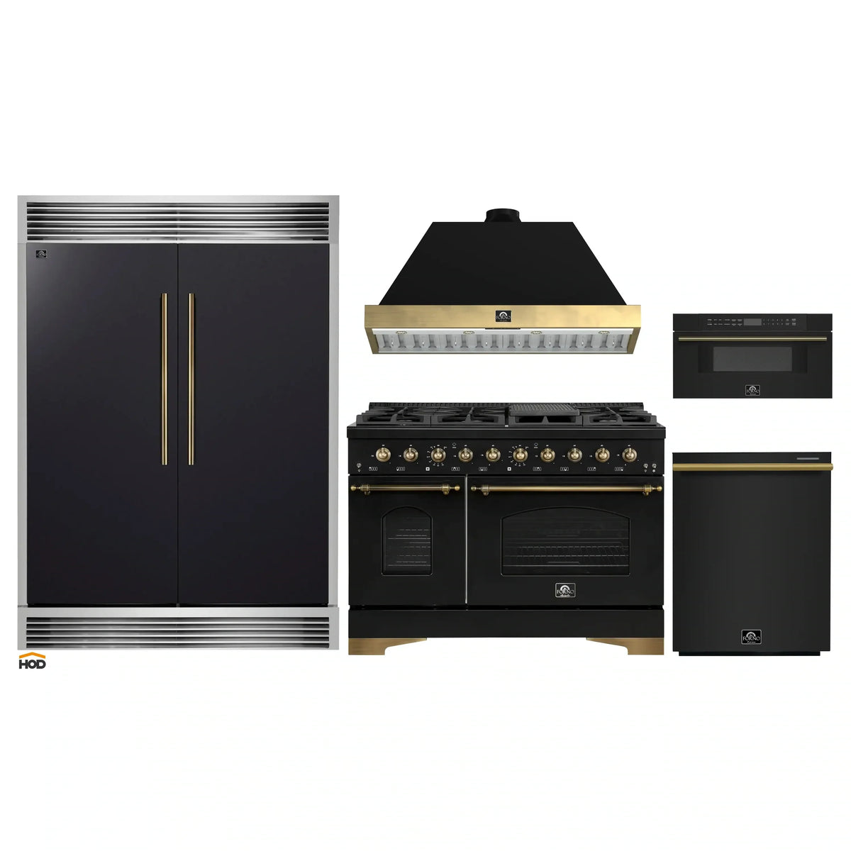Forno 5-Piece Appliance Package - 48-Inch Dual Fuel Range, 60-Inch Convertible Refrigerator with Modern Grille Trim, Dishwasher, and 30-Inch Microwave Drawer in Black with Antique Brass Trim