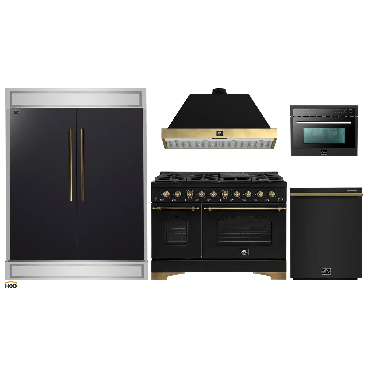 Forno 5-Piece Appliance Package - 48-Inch Dual Fuel Range, 60-Inch Convertible Refrigerator with Modern Trim, Dishwasher, and 24-Inch Microwave Oven in Black with Antique Brass Trim