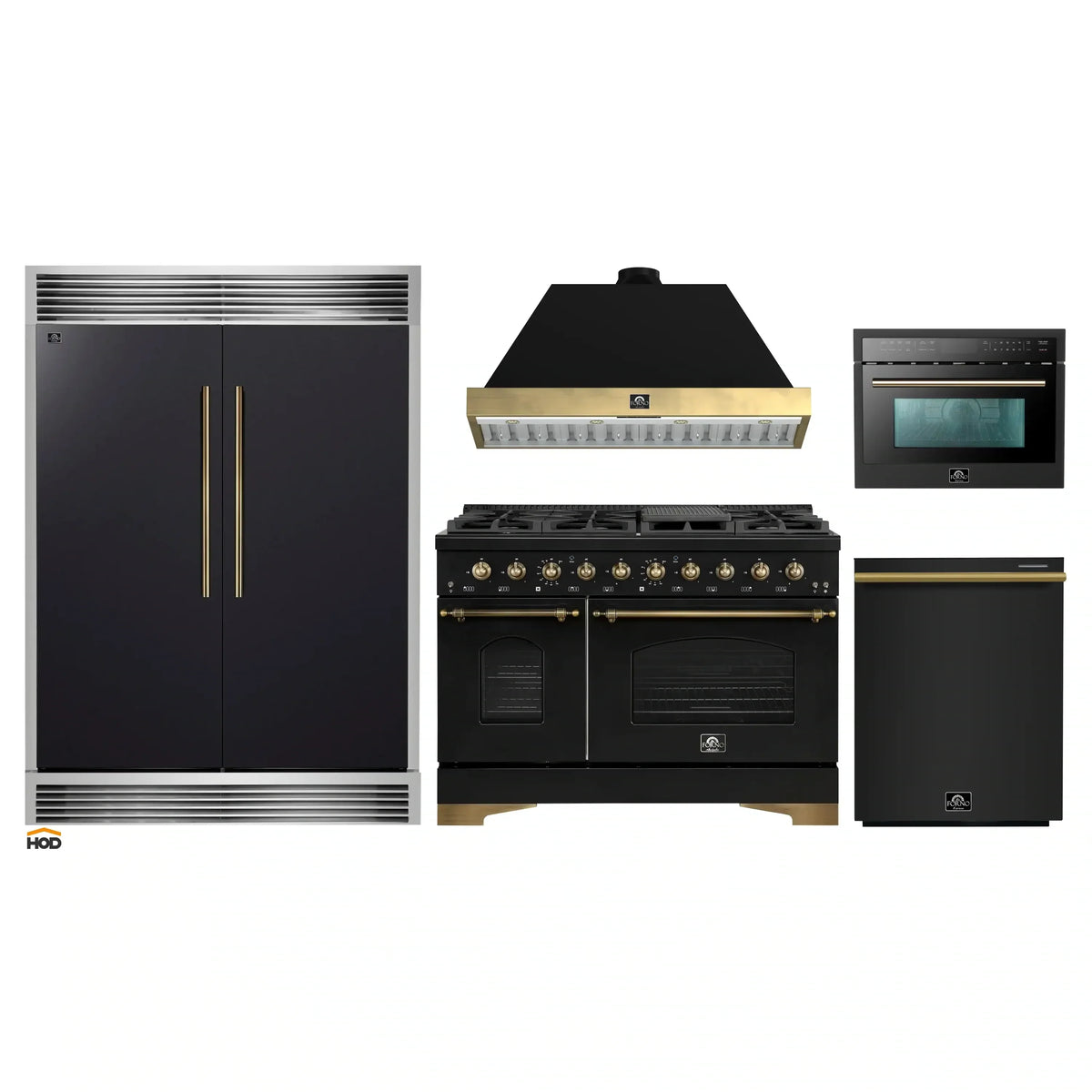 Forno 5-Piece Appliance Package - 48-Inch Dual Fuel Range, 60-Inch Convertible Refrigerator with Modern Grille Trim, Dishwasher, and 24-Inch Microwave Oven in Black with Antique Brass Trim