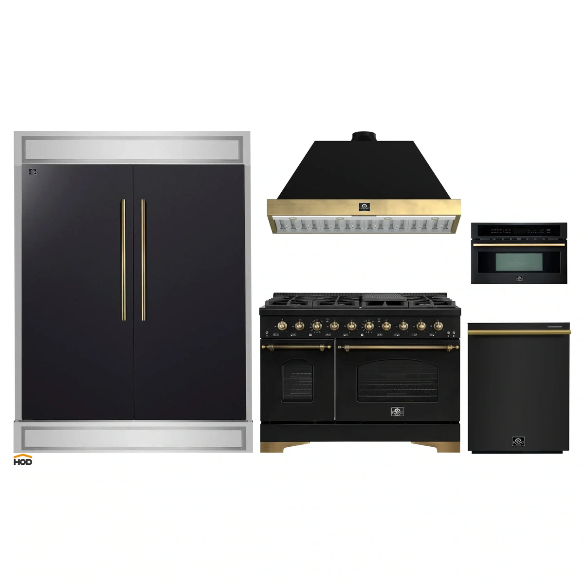 Forno 5-Piece Appliance Package - 48-Inch Dual Fuel Range, 60-Inch Convertible Refrigerator with Modern Trim, Dishwasher, and 30-Inch Microwave Oven in Black with Antique Brass Trim