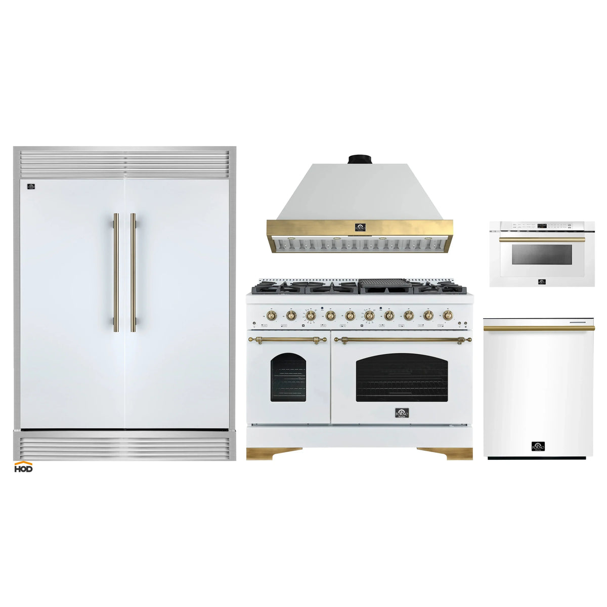 Forno 5-Piece Appliance Package - 48-Inch Antico Dual Fuel Range, Wall Mount Range Hood, 60-Inch Refrigerator, Dishwasher, & 24-Inch Microwave Drawer in White with Antique Brass Trim