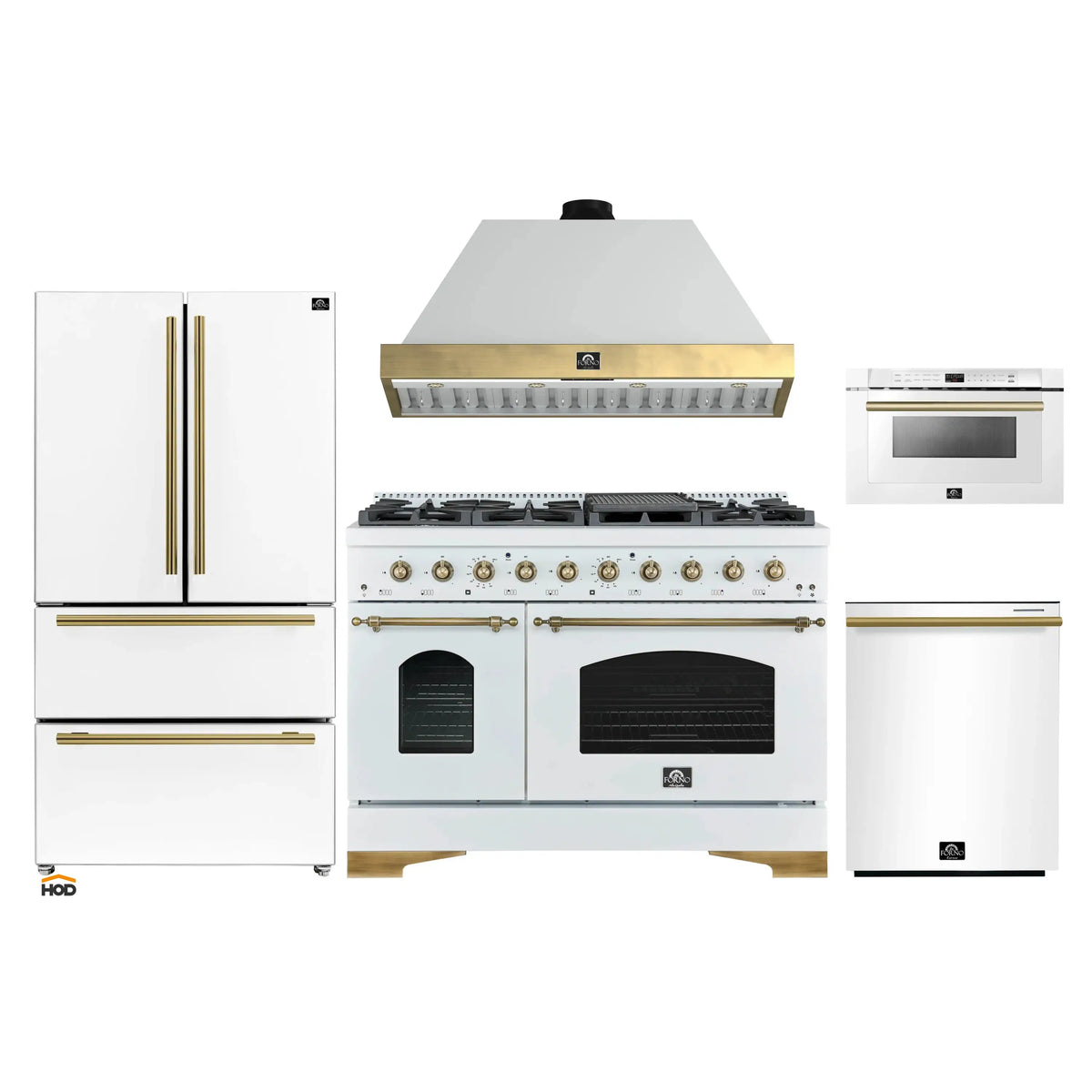 Forno Antico 5-Piece Appliance Package - 48-Inch Dual Fuel Range, 48-Inch Hood, 36-Inch Refrigerator, 24-Inch Dishwasher, & 24-Inch Microwave Drawer in White with Antique Brass Trim
