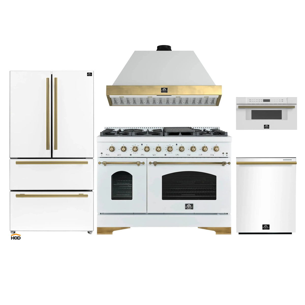 Forno Antico 5-Piece Appliance Package - 48-Inch Dual Fuel Range, 48-Inch Hood, 36-Inch Refrigerator, 24-Inch Dishwasher, & 30-Inch Microwave Drawer in White with Antique Brass Trim