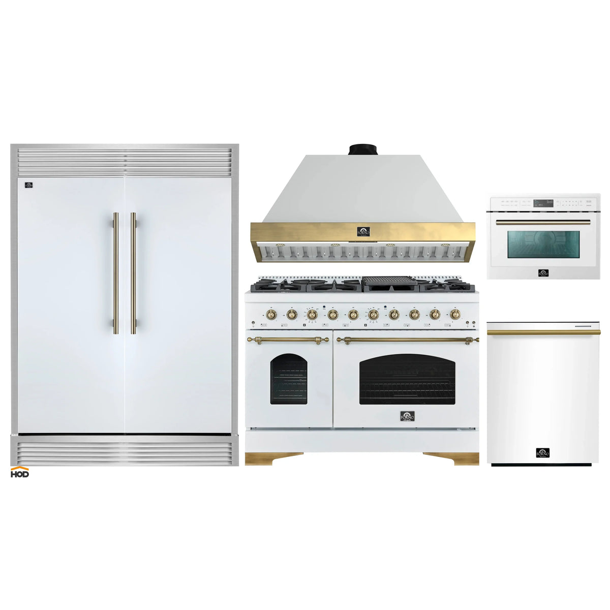 Forno 5-Piece Appliance Package - 48-Inch Antico Dual Fuel Range, Wall Mount Range Hood, 60-Inch Refrigerator, Dishwasher, & 24-Inch Microwave Oven in White with Antique Brass Trim