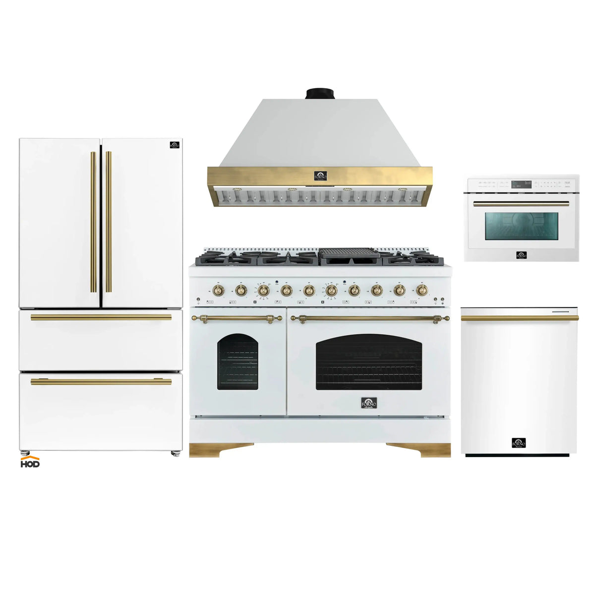 Forno Antico 5-Piece Appliance Package - 48-Inch Dual Fuel Range, 48-Inch Hood, 36-Inch Refrigerator, 24-Inch Dishwasher, & 24-Inch Microwave Oven in White with Antique Brass Trim