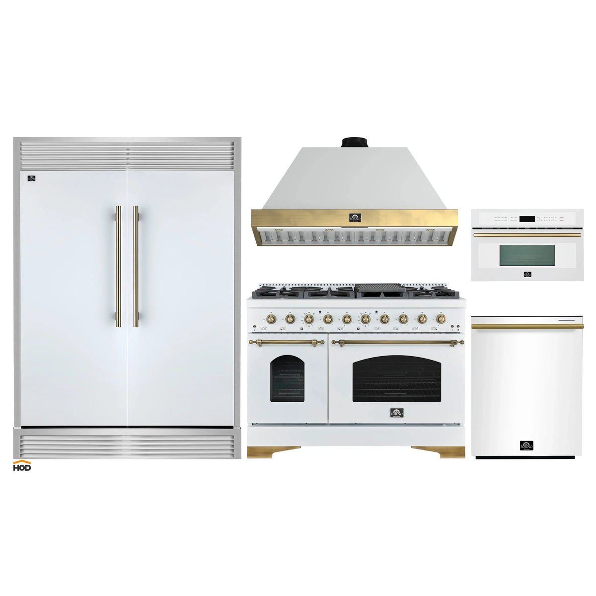 Forno 5-Piece Appliance Package - 48-Inch Antico Dual Fuel Range, Wall Mount Range Hood, 60-Inch Refrigerator, Dishwasher, & 30-Inch Microwave Oven in White with Antique Brass Trim