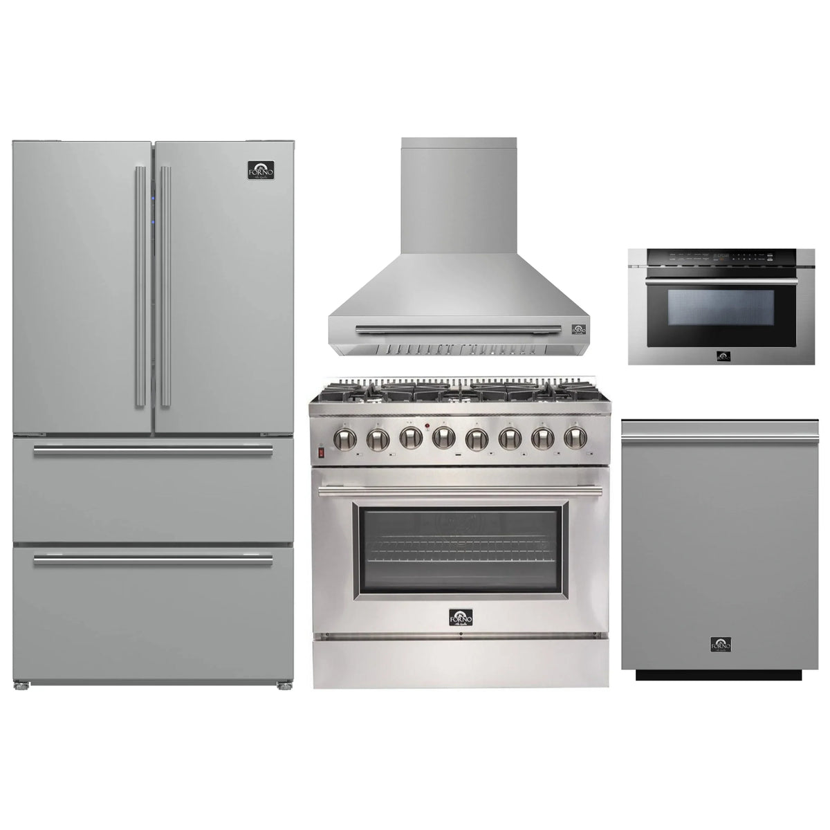 Forno 5-Piece Appliance Package - 36-Inch Dual Fuel Range, Wall Mount Range Hood, 36-Inch Refrigerator, Dishwasher, and 24-Inch Microwave Drawer in Stainless Steel