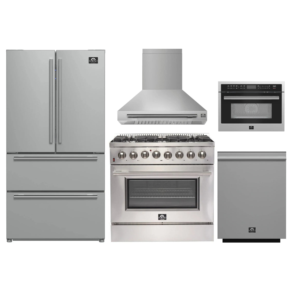 Forno 5-Piece Appliance Package - 36-Inch Dual Fuel Range, Wall Mount Range Hood, 36-Inch Refrigerator, Dishwasher, and 24-Inch Microwave Oven in Stainless Steel