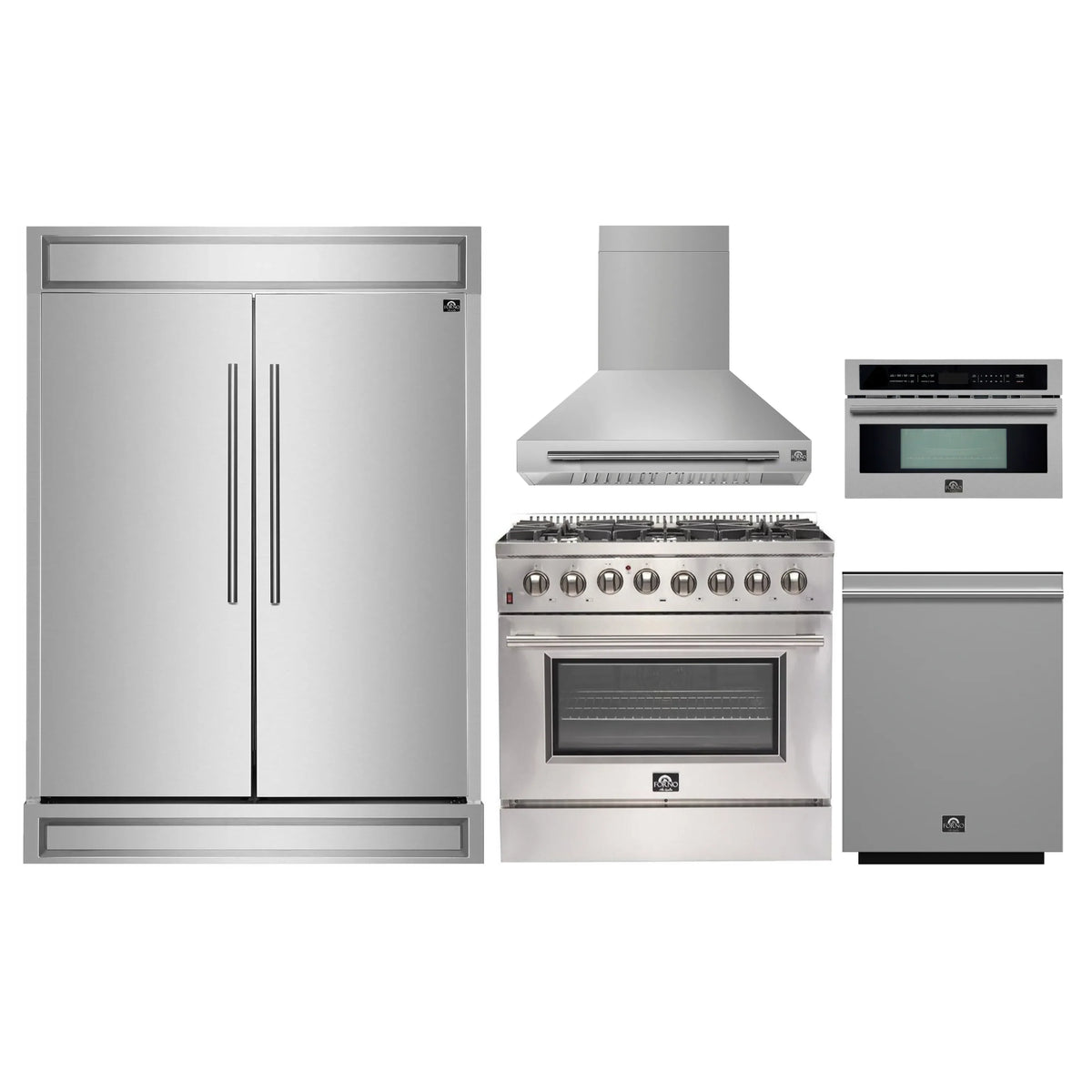 Forno 5-Piece Appliance Package - 36-Inch Dual Fuel Range, Wall Mount Range Hood, 60-Inch Refrigerator, Dishwasher, and 30-Inch Microwave Oven in Stainless Steel