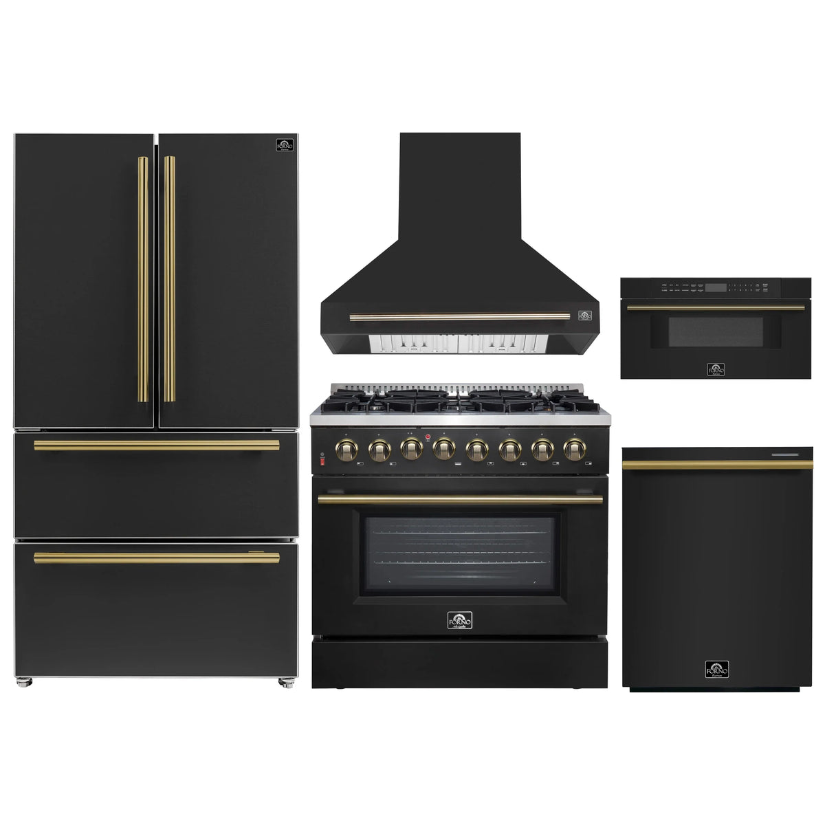 Forno 5-Piece Appliance Package - 36-Inch Dual Fuel Range, Wall Mount Range Hood, 36-Inch Refrigerator, Dishwasher, and 30-Inch Microwave Drawer in Black with Antique Brass Trim