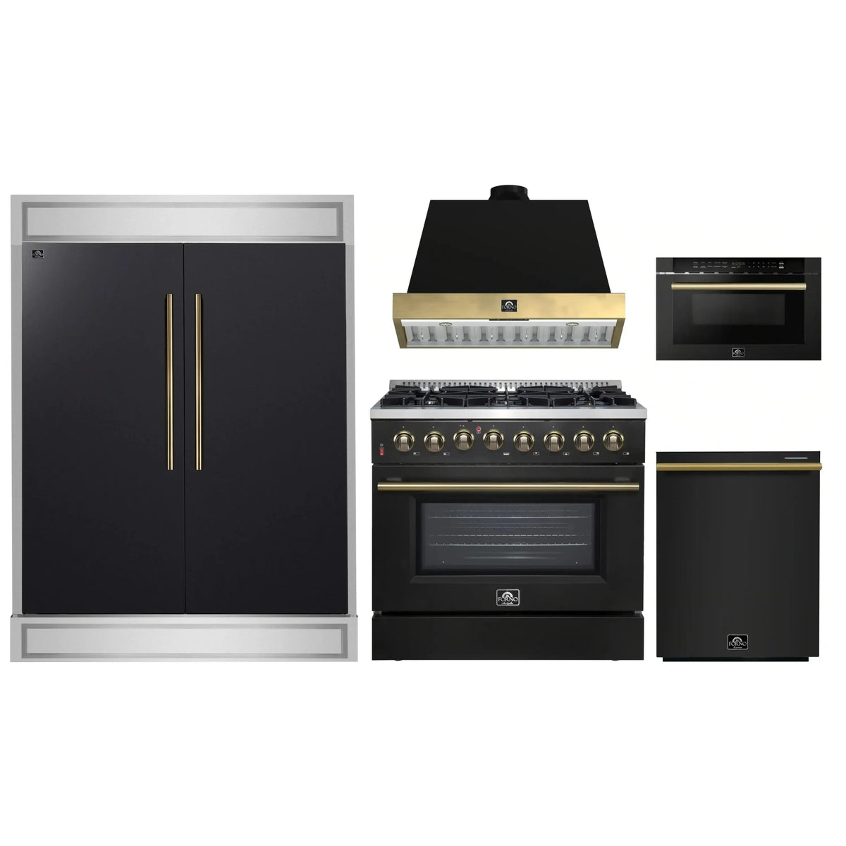 Forno 5-Piece Appliance Package - 36-Inch Dual Fuel Range, Wall Mount Range Hood, 60-Inch Convertible Refrigerator with Modern Trim, Dishwasher, and 24-Inch Microwave Drawer in Black with Antique Brass Trim