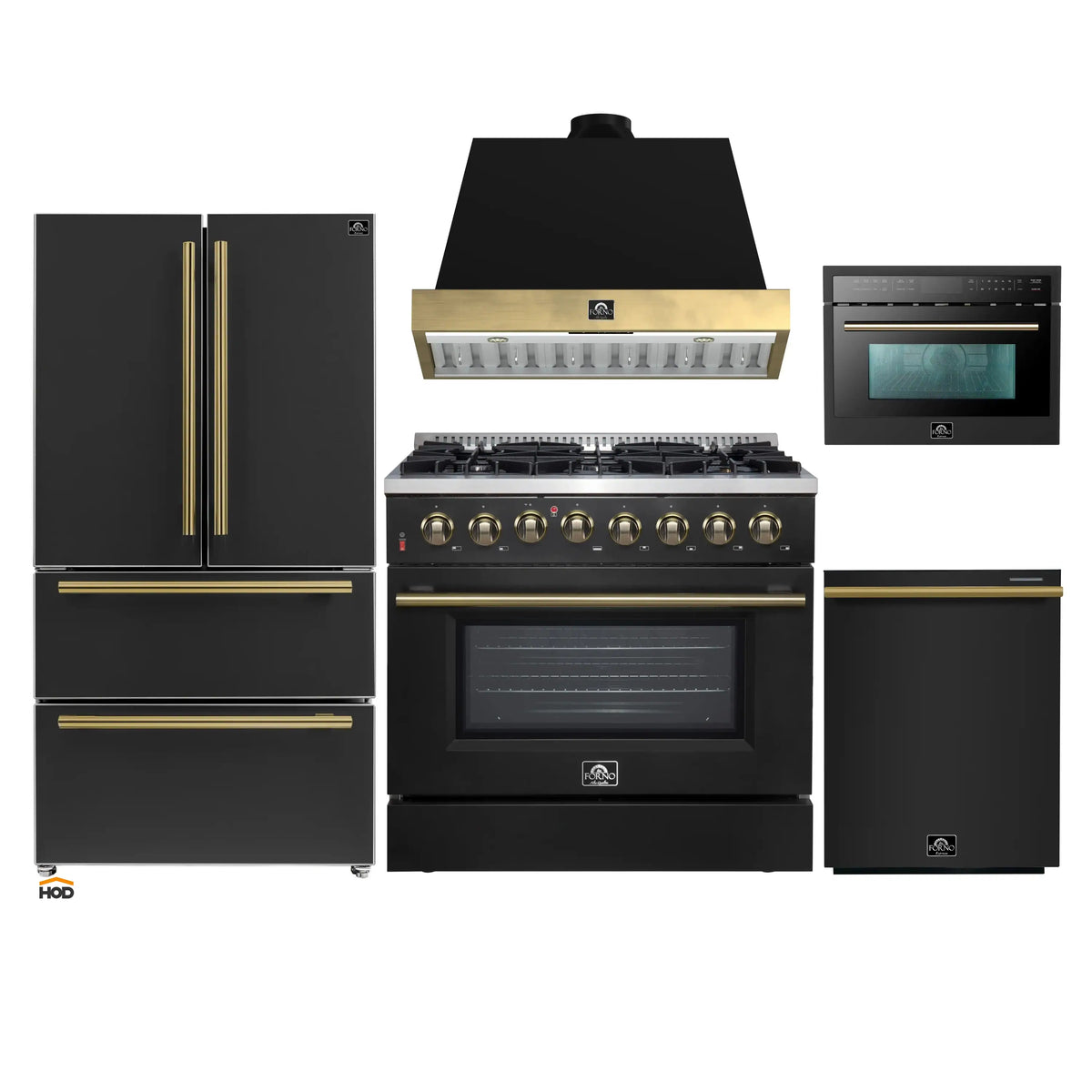 Forno Galiano 5-Piece Appliance Package - 36-Inch Dual Fuel Range, 36-Inch Hood, 36-Inch Refrigerator, 24-Inch Dishwasher, & 24-Inch Microwave Oven in Black with Antique Brass Trim