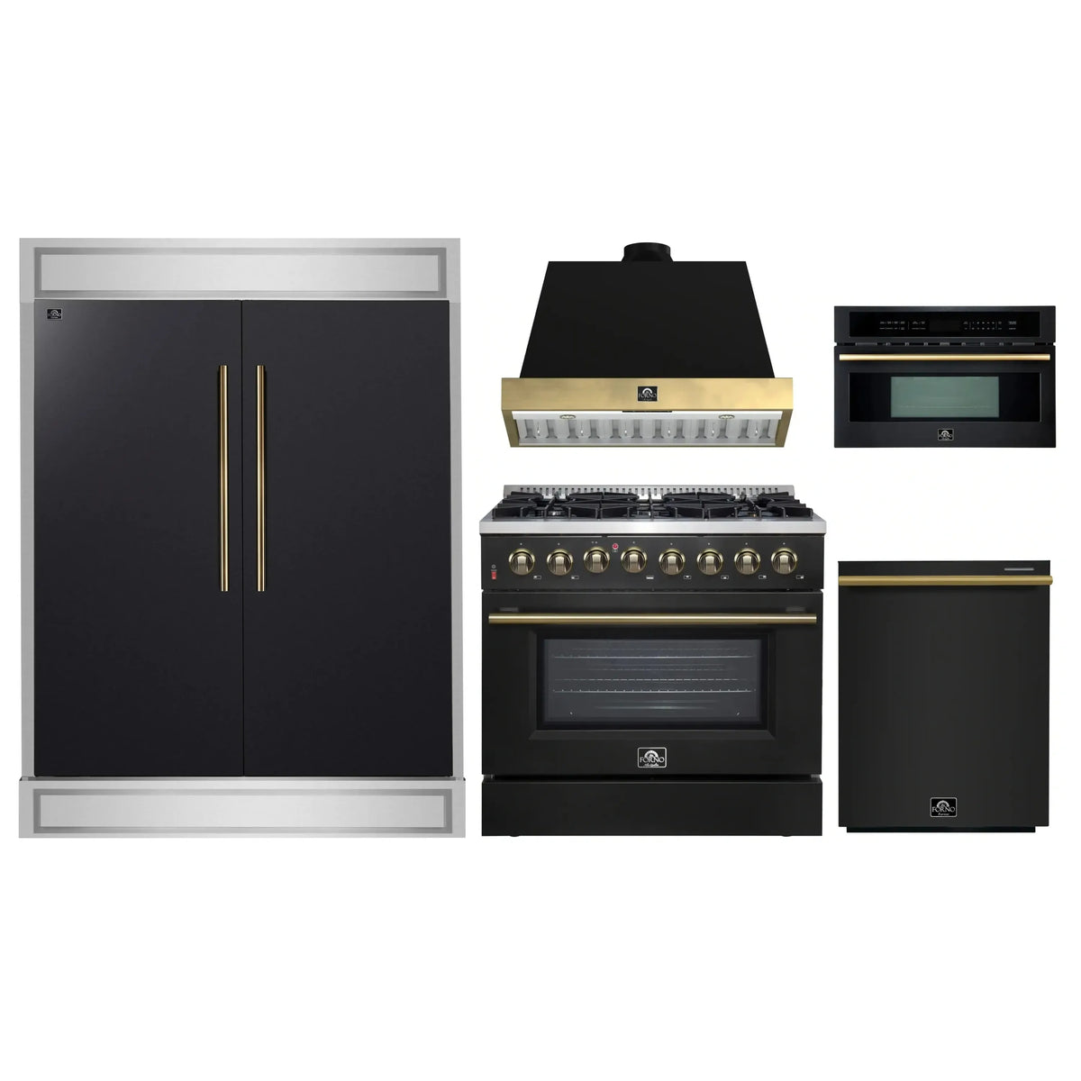 Forno 5-Piece Appliance Package - 36-Inch Dual Fuel Range, Wall Mount Range Hood, 60-Inch Convertible Refrigerator with Modern Trim, Dishwasher, and 30-Inch Microwave Oven in Black with Antique Brass Trim