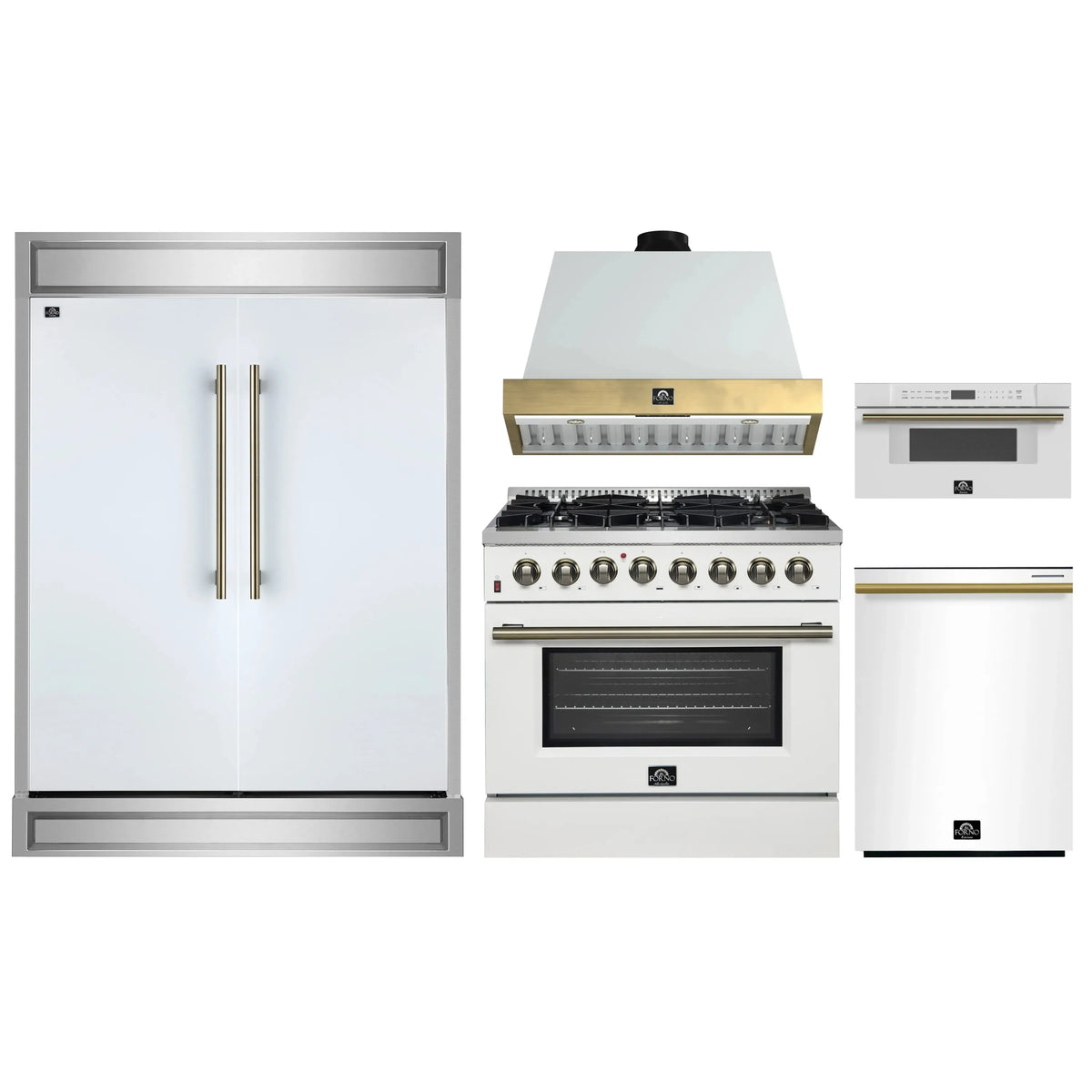 Forno 5-Piece Appliance Package - 36-Inch Dual Fuel Range, Wall Mount Range Hood, 60-Inch Refrigerator, Dishwasher, & 30-Inch Microwave Drawer in White with Antique Brass Trim