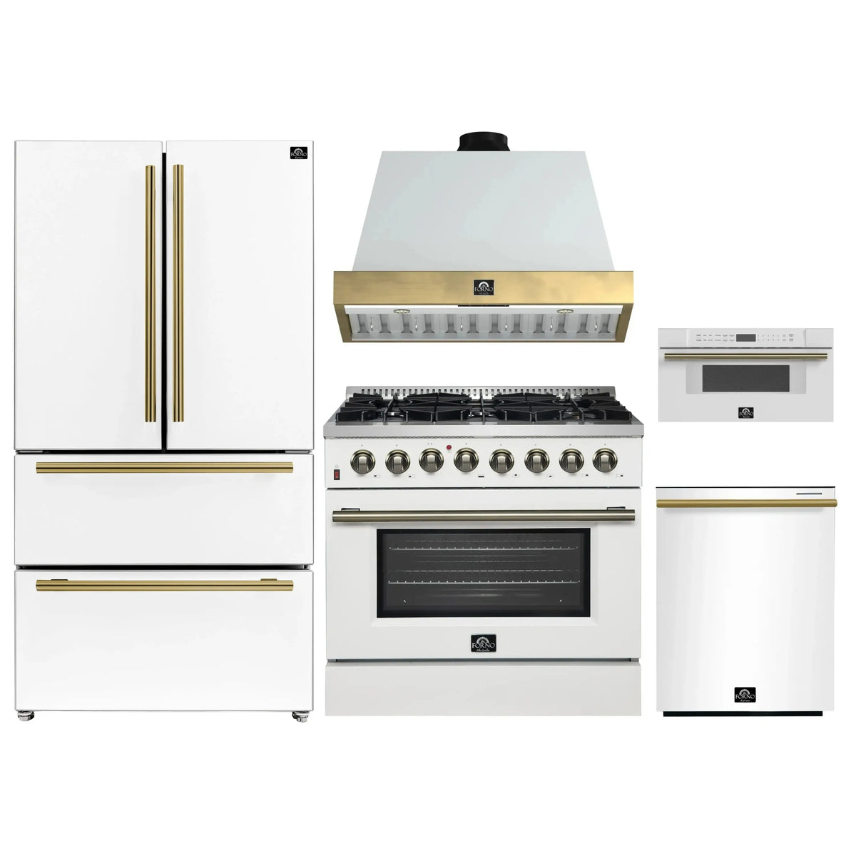 Forno Galiano 5-Piece Appliance Package - 36-Inch Dual Fuel Range, 36-Inch Hood, 36-Inch Refrigerator, 24-Inch Dishwasher, & 30-Inch Microwave Drawer in White with Antique Brass Trim