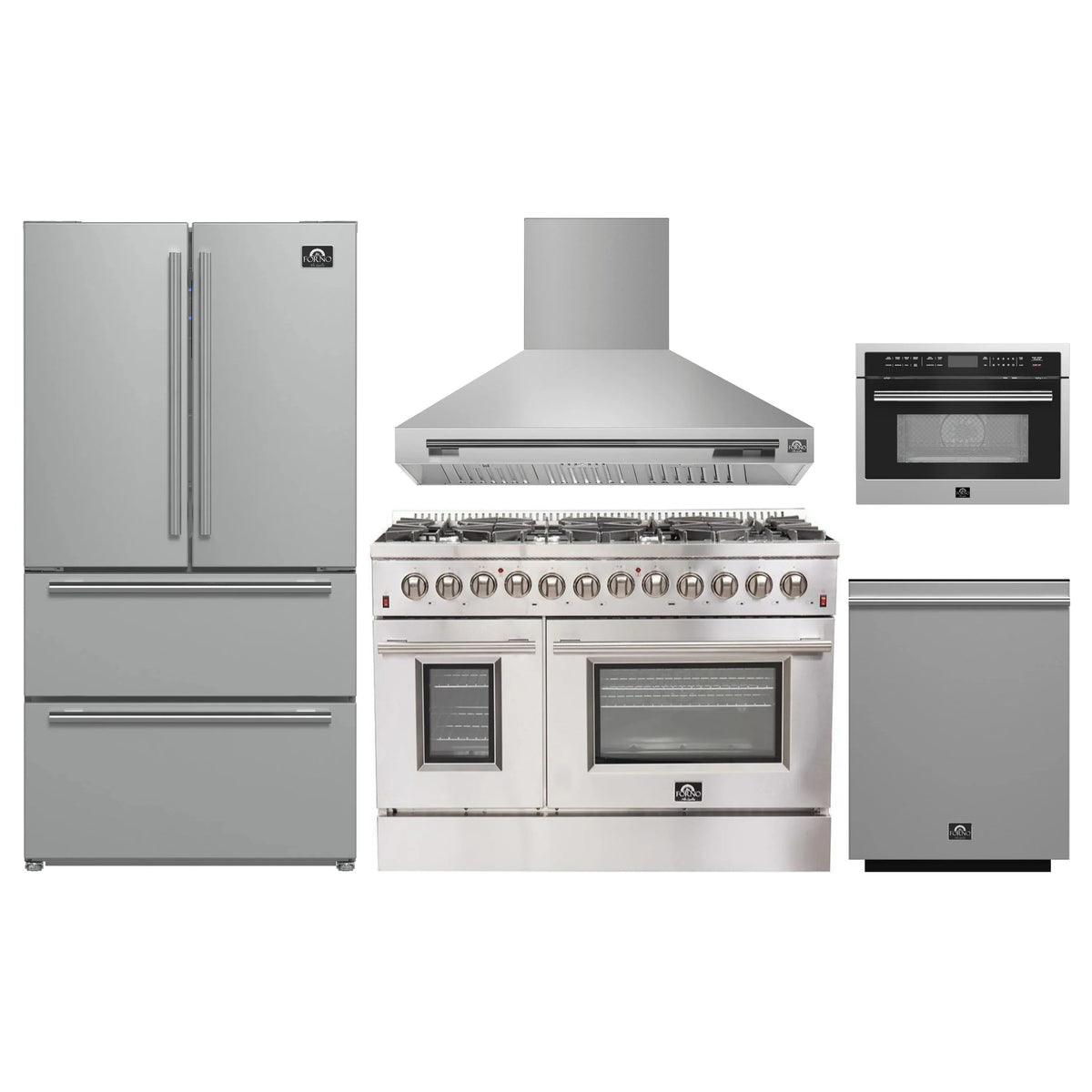 Forno 5-Piece Appliance Package - 48-Inch Dual Fuel Range, Wall Mount Range Hood, 36-Inch Refrigerator, Dishwasher, and 24-Inch Microwave Oven in Stainless Steel