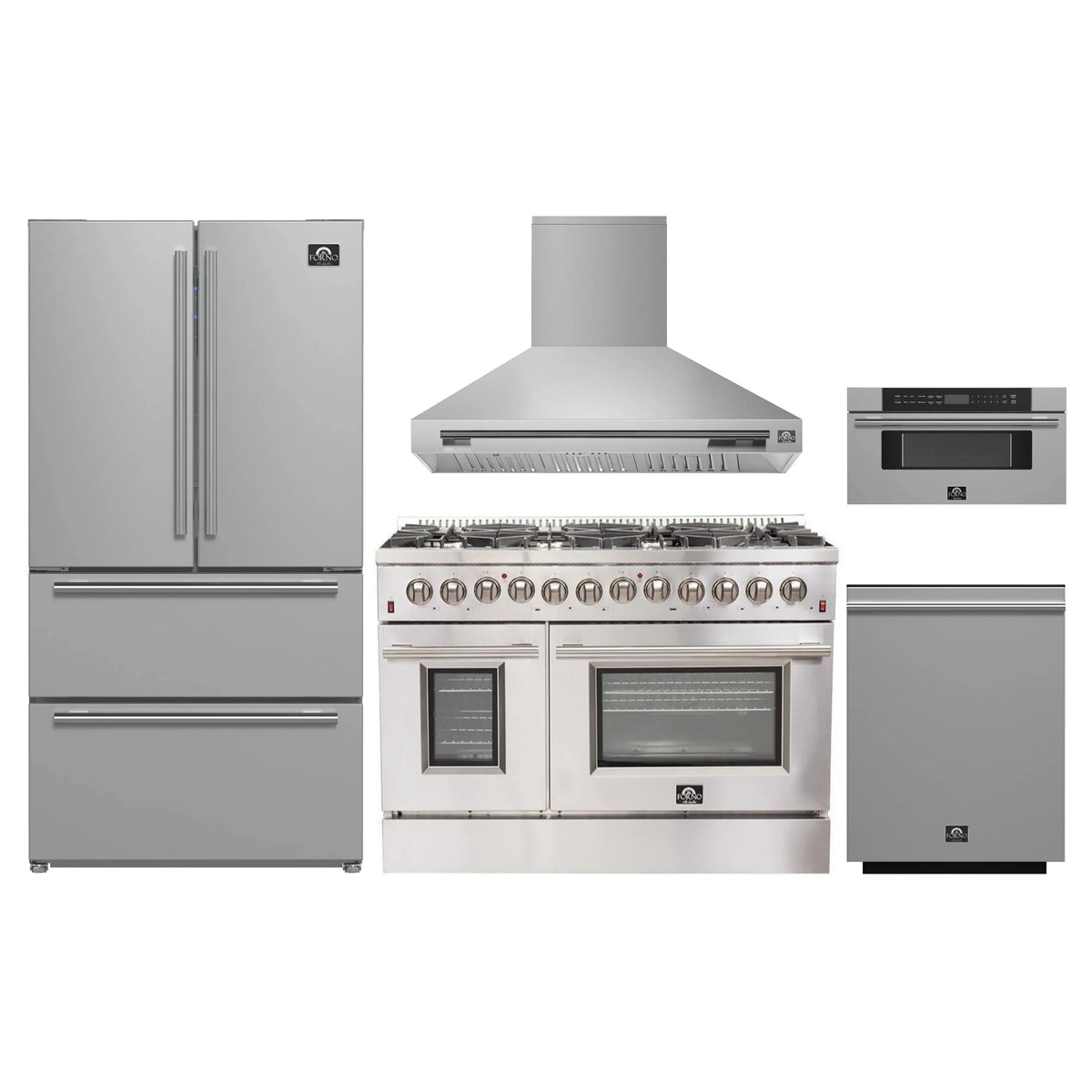 Forno 5-Piece Appliance Package - 48-Inch Dual Fuel Range, Wall Mount Range Hood, 36-Inch Refrigerator, Dishwasher, and 30-Inch Microwave Drawer in Stainless Steel