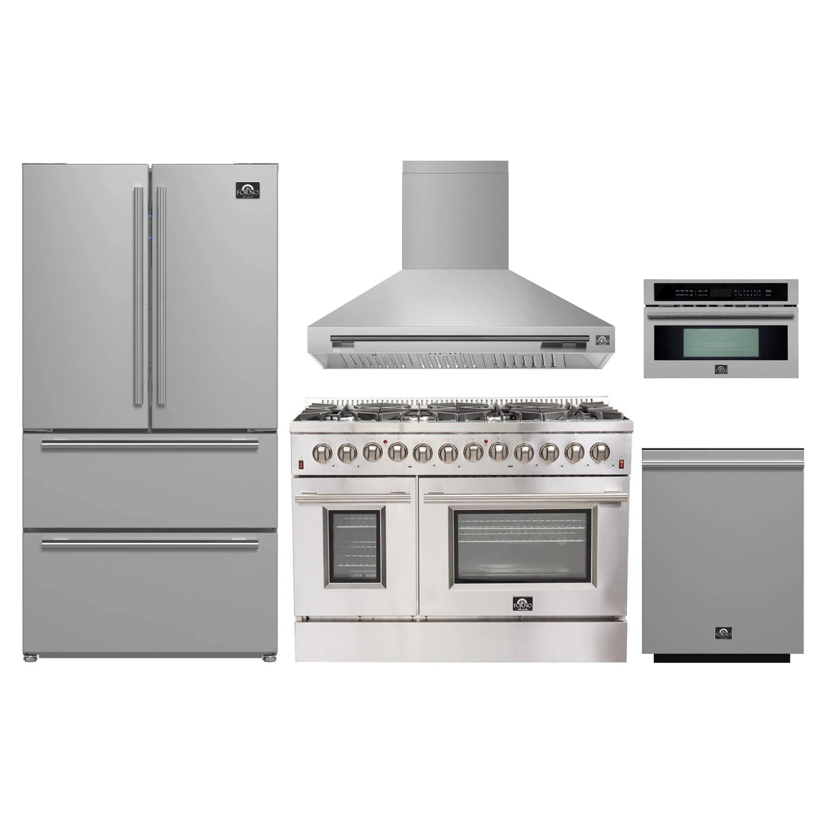 Forno 5-Piece Appliance Package - 48-Inch Dual Fuel Range, Wall Mount Range Hood, 36-Inch Refrigerator, Dishwasher, and 30-Inch Microwave Oven in Stainless Steel