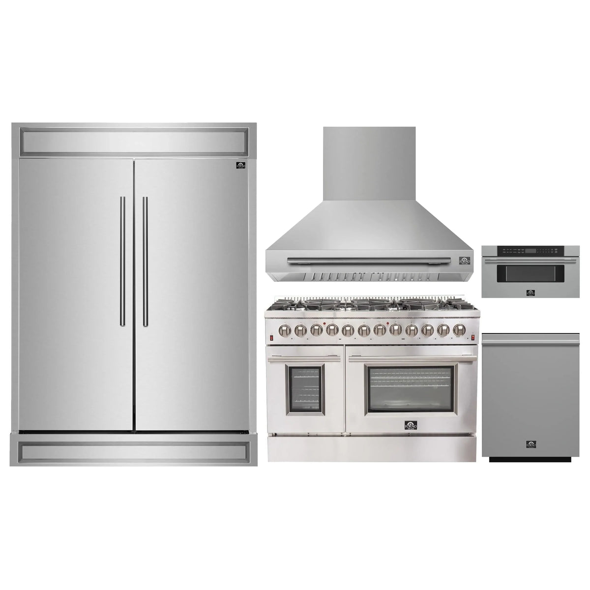 Forno 5-Piece Appliance Package - 48-Inch Dual Fuel Range, Wall Mount Range Hood, 60-Inch Refrigerator, Dishwasher, and 30-Inch Microwave Drawer in Stainless Steel