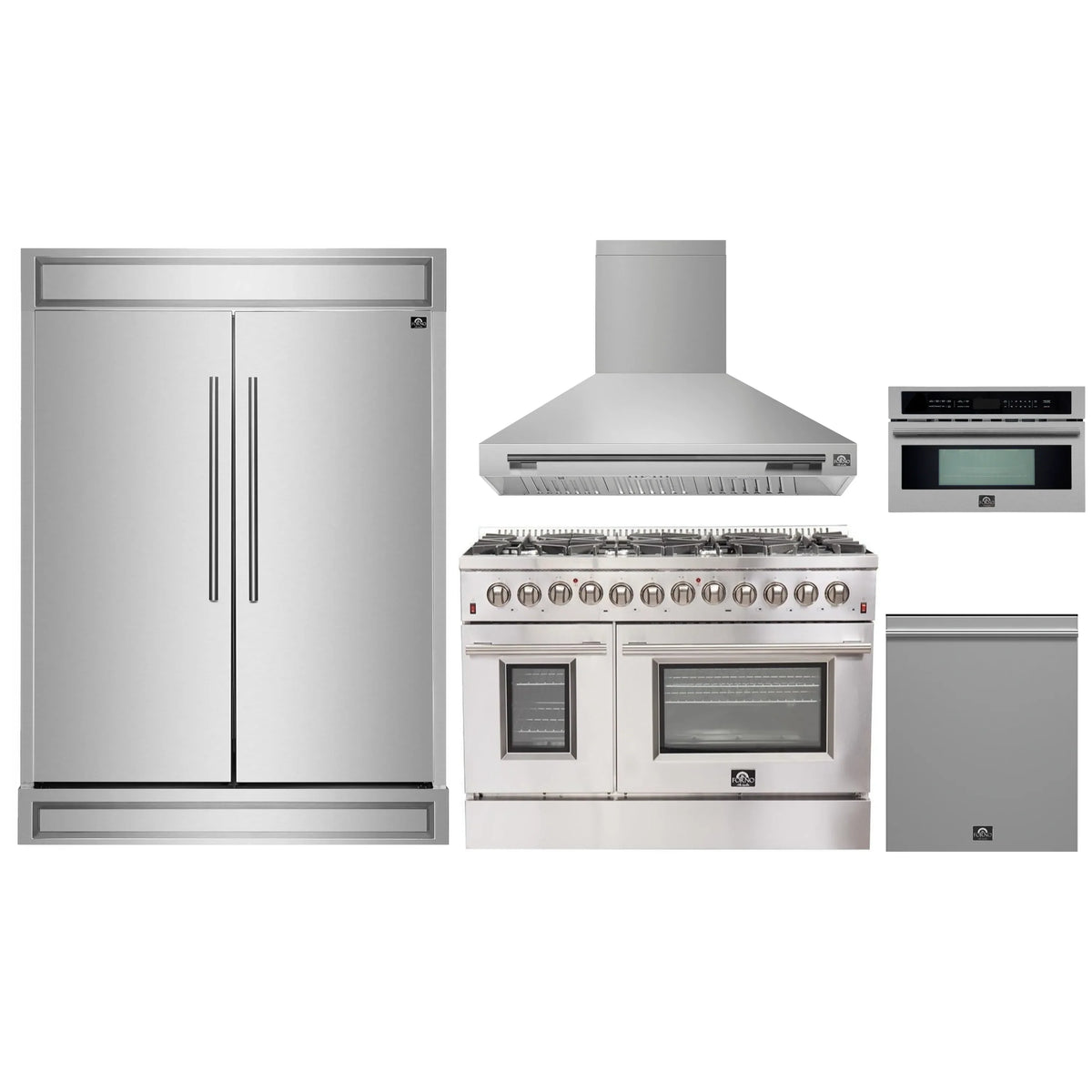 Forno 5-Piece Appliance Package - 48-Inch Dual Fuel Range, Wall Mount Range Hood, 60-Inch Refrigerator, Dishwasher, and 30-Inch Microwave Oven in Stainless Steel