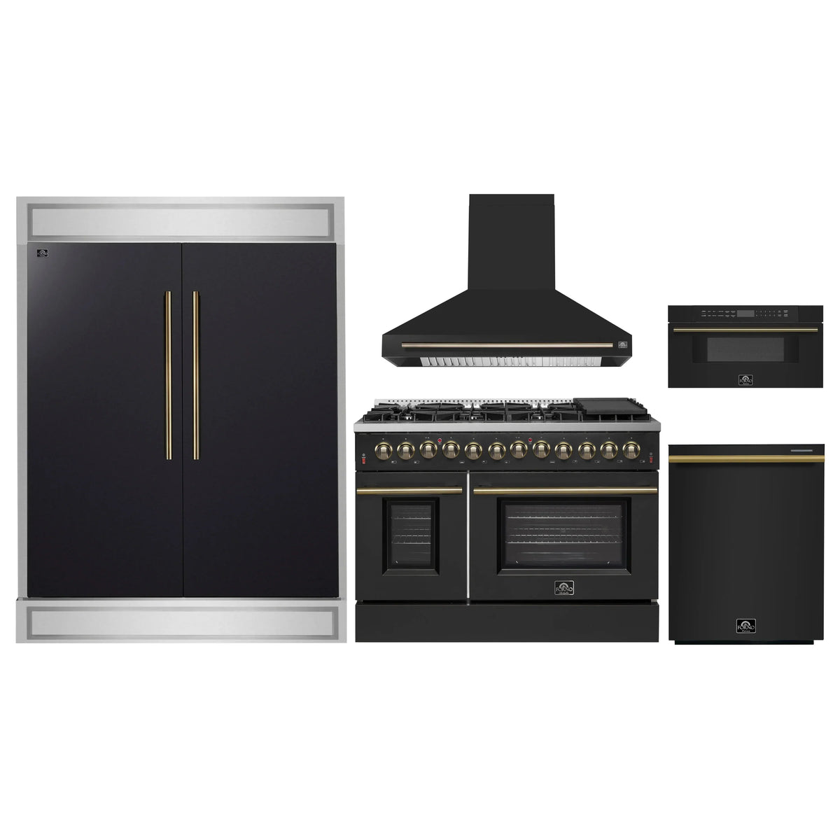 Forno 5-Piece Appliance Package - 48-Inch Dual Fuel Range, Wall Mount Range Hood, 60-Inch Refrigerator, Dishwasher, and 30-Inch Microwave Drawer in Black with Antique Brass Trim