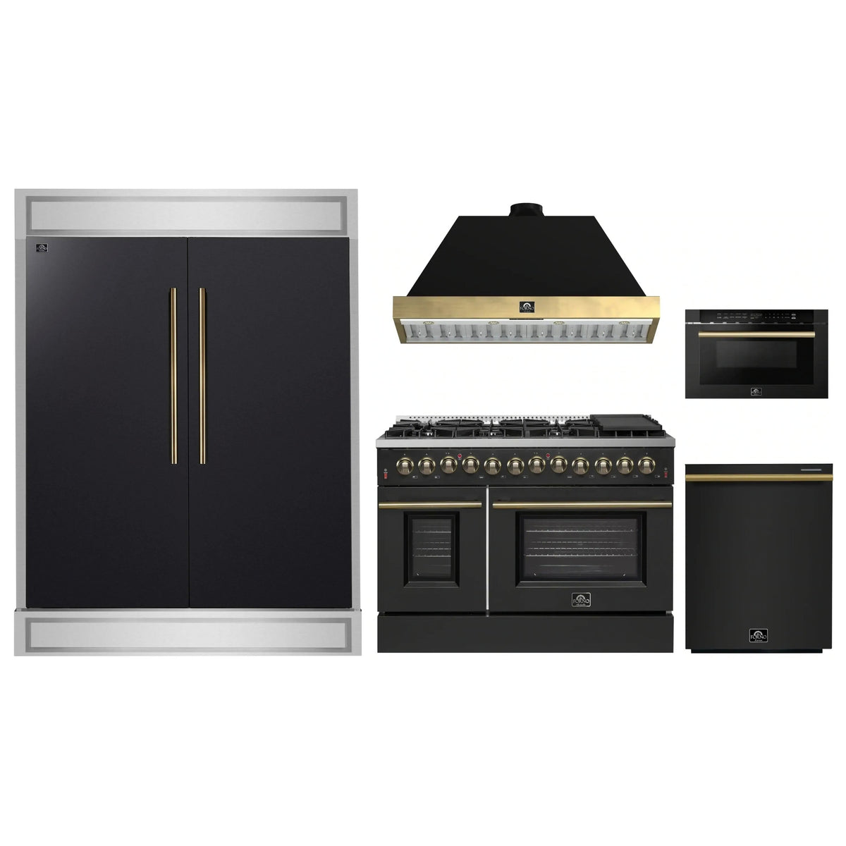 Forno 5-Piece Appliance Package - 48-Inch Dual Fuel Range, 60-Inch Convertible Refrigerator with Modern Trim, Dishwasher, and 24-Inch Microwave Drawer in Black with Antique Brass Trim