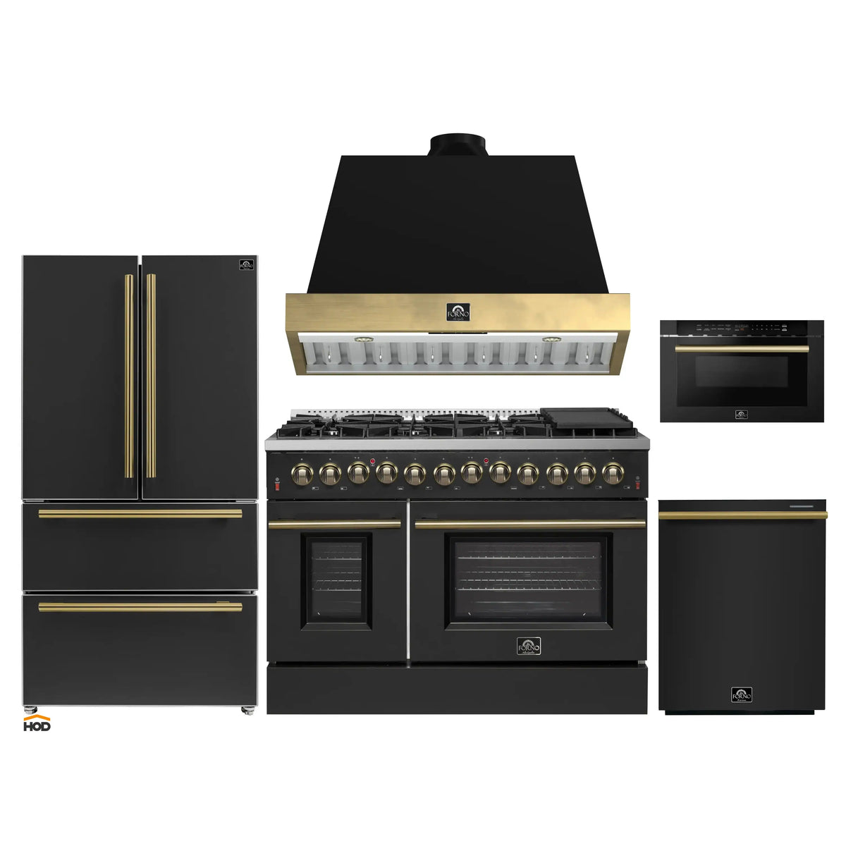 Forno Galiano 5-Piece Appliance Package - 48-Inch Dual Fuel Range, 48-Inch Hood, 36-Inch Refrigerator, 24-Inch Dishwasher, & 24-Inch Microwave Drawer in Black with Antique Brass Trim