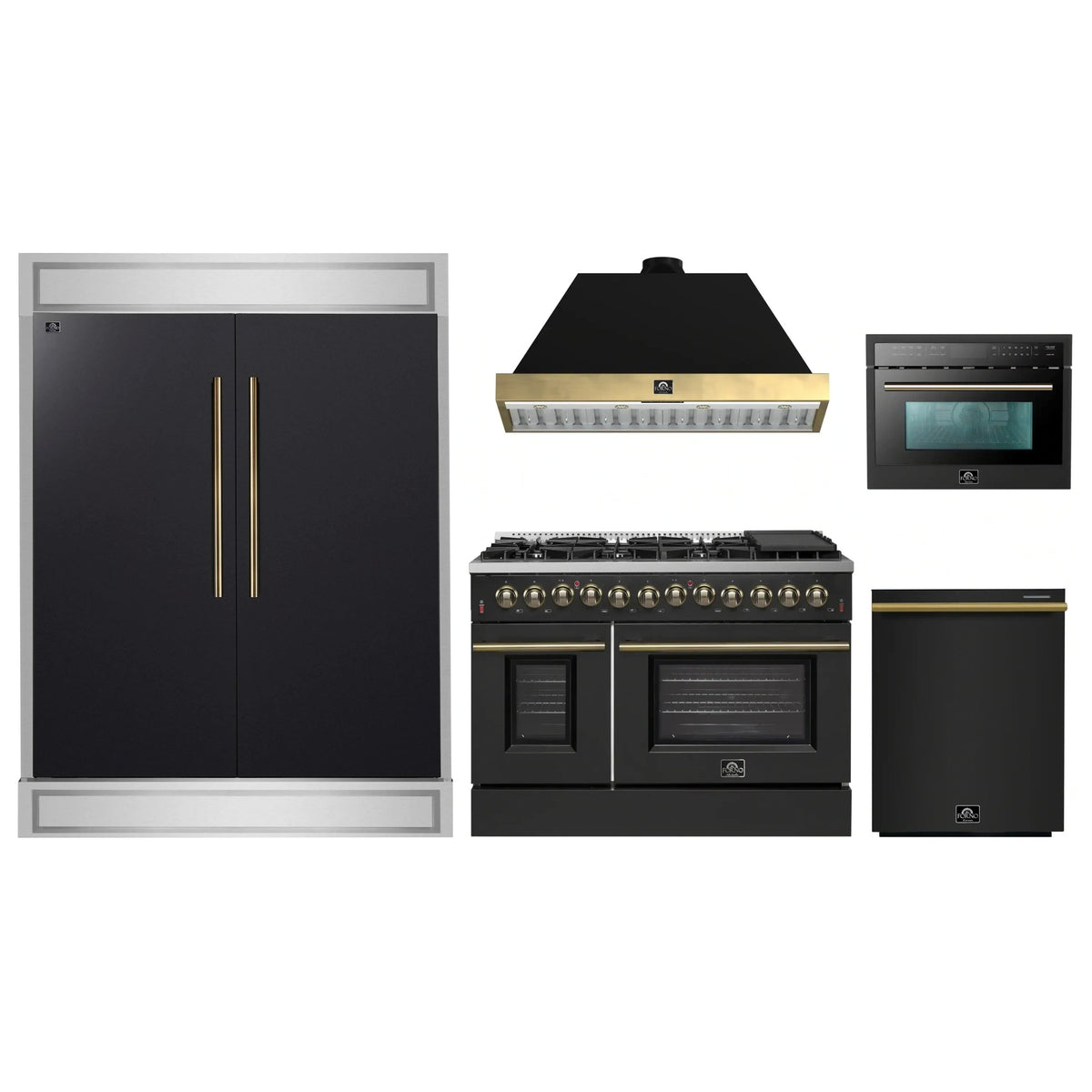 Forno 5-Piece Appliance Package - 48-Inch Dual Fuel Range, 60-Inch Convertible Refrigerator with Modern Trim, Dishwasher, and 24-Inch Microwave Oven in Black with Antique Brass Trim