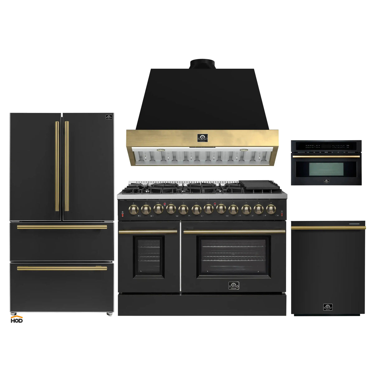 Forno Galiano 5-Piece Appliance Package - 48-Inch Dual Fuel Range, 48-Inch Hood, 36-Inch Refrigerator, 24-Inch Dishwasher, & 30-Inch Microwave Oven in Black with Antique Brass Trim