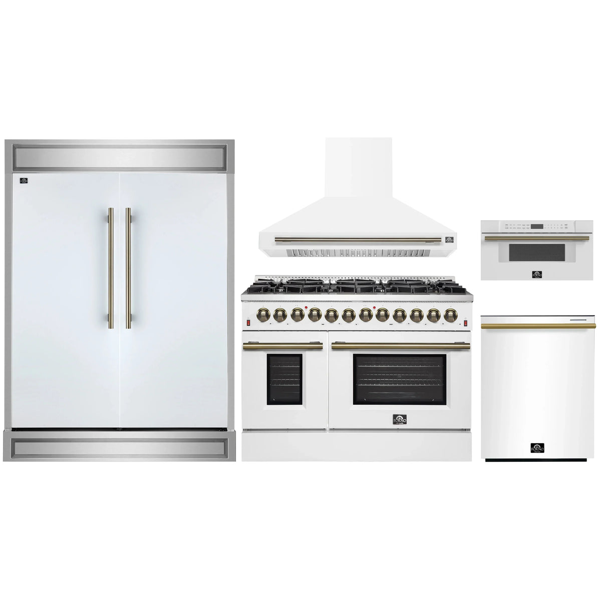 Forno 5-Piece Appliance Package - 48-Inch Dual Fuel Range, Wall Mount Range Hood, 60-Inch Refrigerator, Dishwasher, and 30-Inch Microwave Drawer in White with Antique Brass Trim
