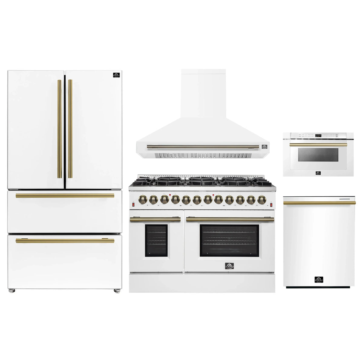 Forno 5-Piece Appliance Package - 48-Inch Dual Fuel Range, Wall Mount Range Hood, 36-Inch Refrigerator, Dishwasher, and 24-Inch Microwave Drawer in White with Antique Brass Trim