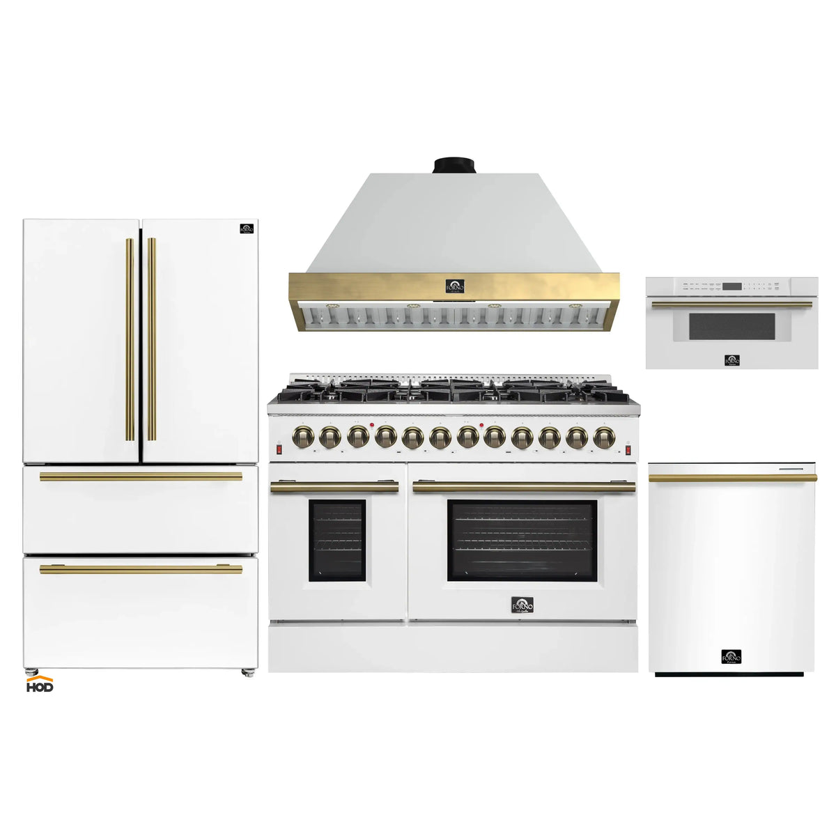 Forno Galiano 5-Piece Appliance Package - 48-Inch Dual Fuel Range, 48-Inch Hood, 36-Inch Refrigerator, 24-Inch Dishwasher, & 30-Inch Microwave Drawer in White with Antique Brass Trim