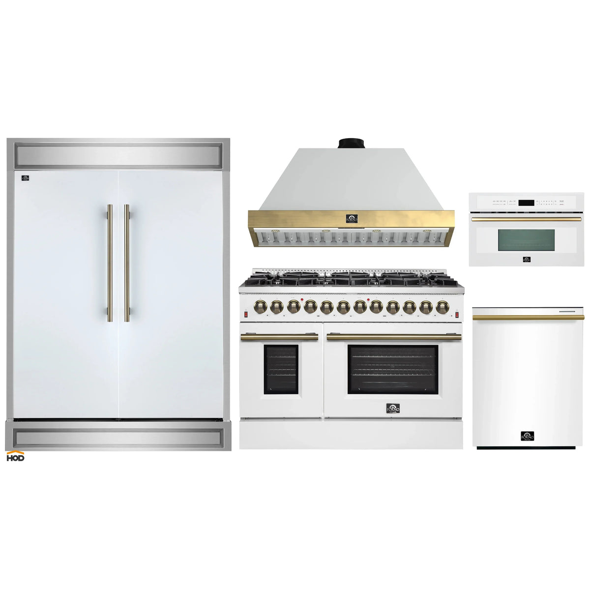 Forno 5-Piece Appliance Package - 48-Inch Dual Fuel Range, Wall Mount Range Hood, 60-Inch Refrigerator, Dishwasher, & 30-Inch Microwave Oven in White with Antique Brass Trim
